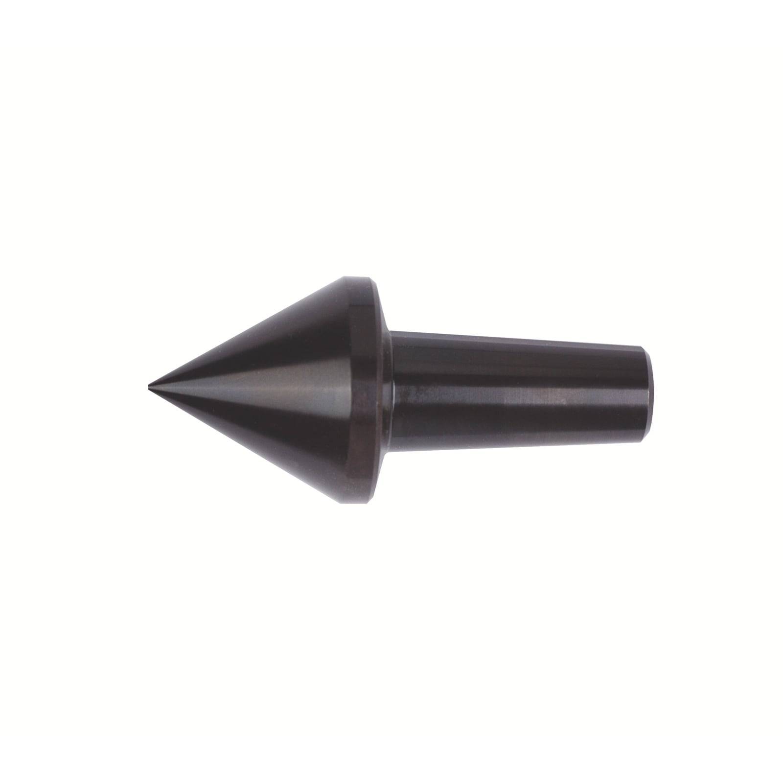 Ein Metallkegel mit zylindrischer Basis, möglicherweise ein Werkzeugkomponent, isoliert auf weißem Hintergrund.