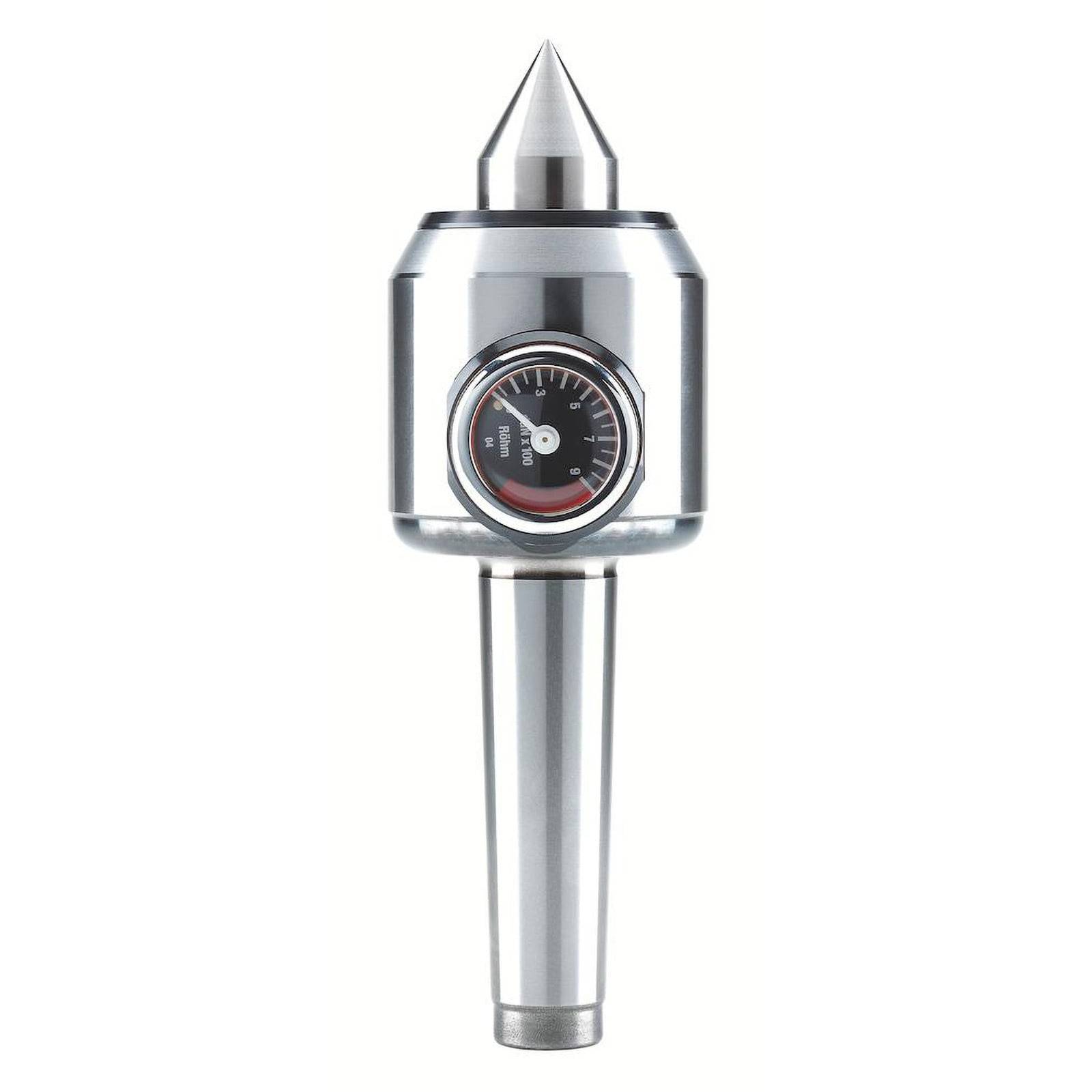 Ein Präzisions-Metalleinsatzwerkzeug mit spitzem Ende und eingebautem schwarzem Messuhr-Zifferblatt, verwendet zum Messen oder Ausrichten von mechanischen Komponenten.