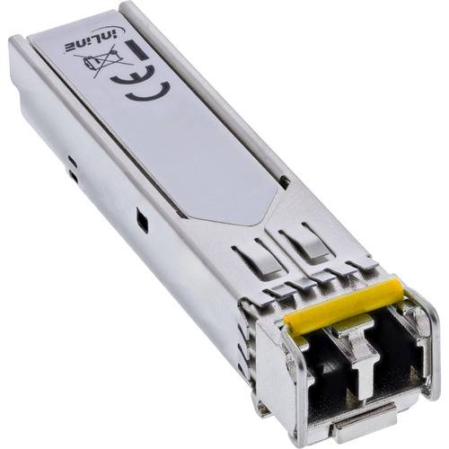 Ein Silber-SFP-Transceiver-Modul mit Metallgehäuse, gekennzeichnet mit Compliance-Symbolen, das zur Verbindung von Netzwerkausrüstung verwendet wird.