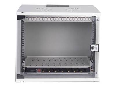 Ein offenes, weiß wandmontiertes Netzwerkschrank mit Glastür, belüftetem Deckel und mehreren Anschlüssen am unteren Teil zur Kabelorganisation.