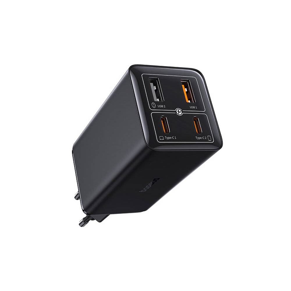 Ein schwarzes Mehrfach-Wandladegerät mit zwei USB-A- und zwei USB-C-Anschlüssen, entwickelt zum gleichzeitigen Laden mehrerer Geräte.
