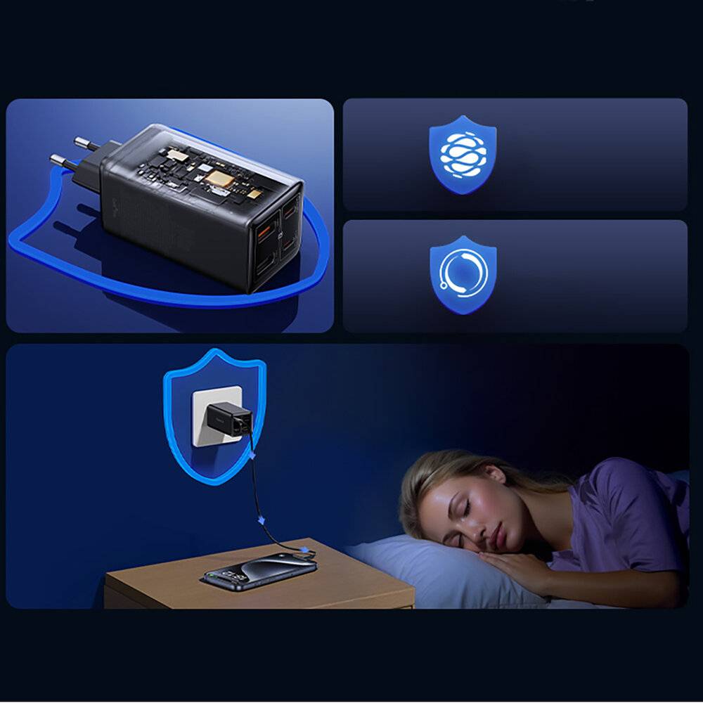 Ein animiertes Bild, das ein Telefonladegerät mit Sicherheitsfunktionen zeigt. Eine Person schläft in der Nähe, mit einem angeschlossenen Telefon, das sicheres Laden symbolisiert.