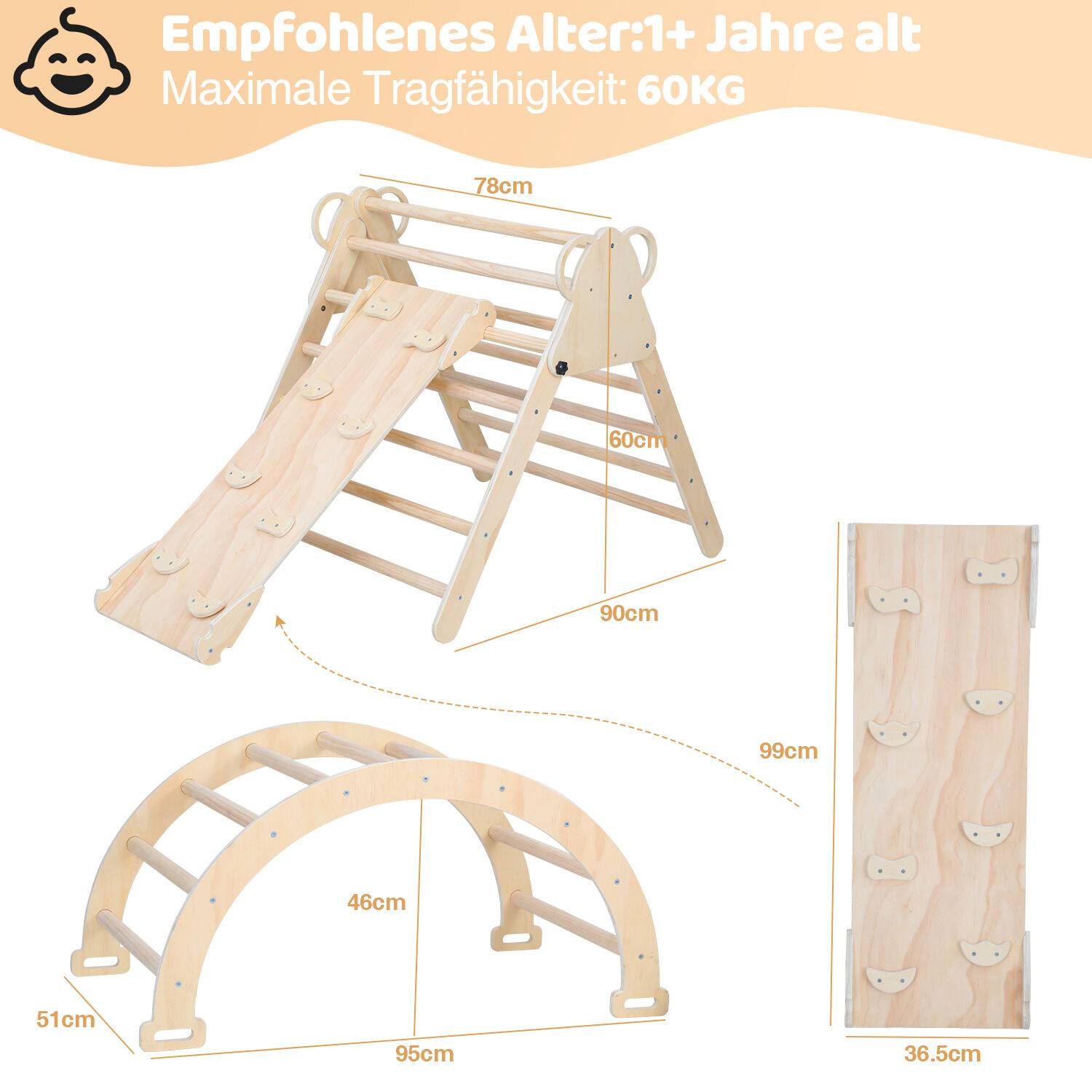 Kletterdreieck,Klettergerüst mit doppelseitigen Rampe,Sprossendreieck zum Klettern,Rutschen und Wippen,für Kleinkinder ab 2 Jahre 3 in 1