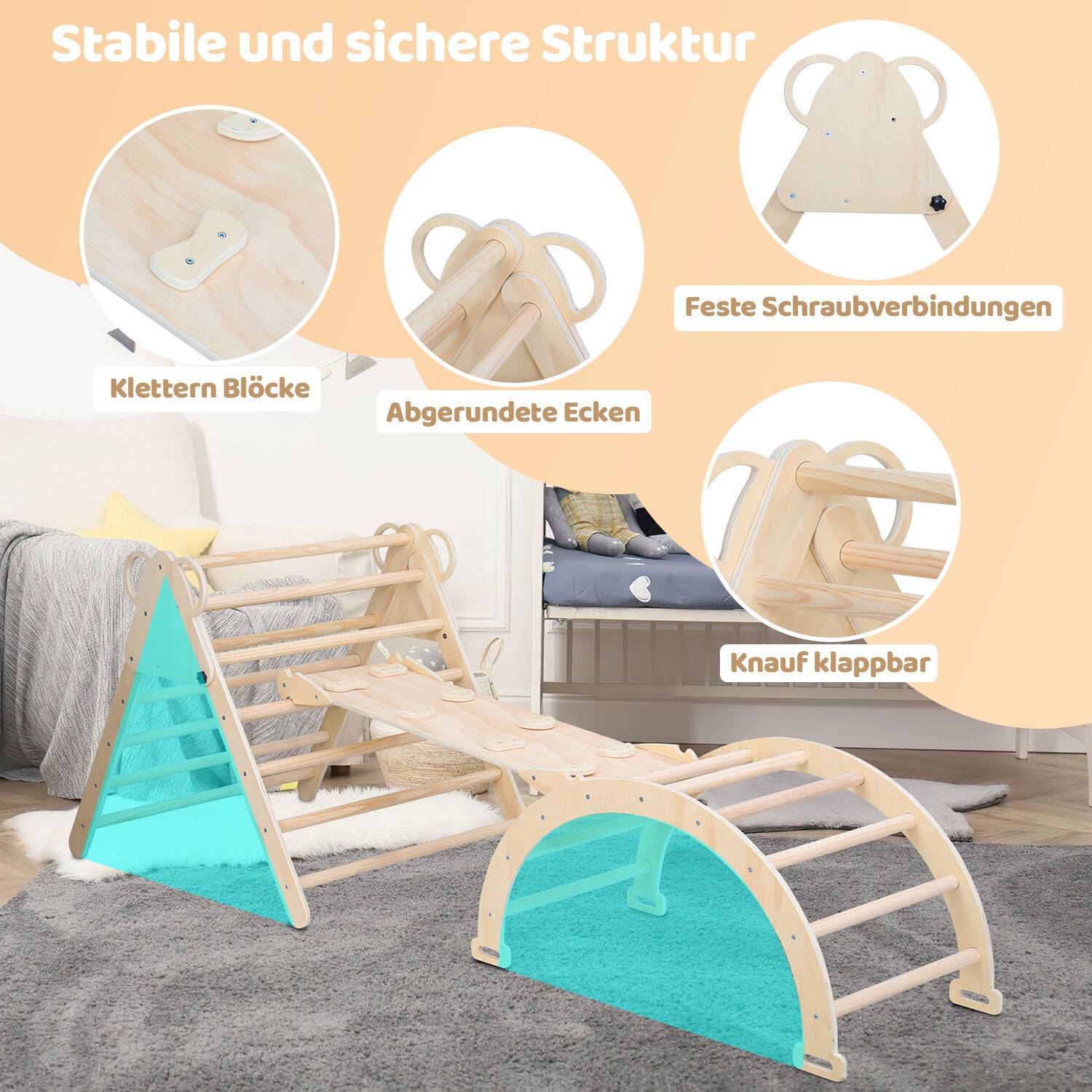 Kletterdreieck,Klettergerüst mit doppelseitigen Rampe,Sprossendreieck zum Klettern,Rutschen und Wippen,für Kleinkinder ab 2 Jahre 3 in 1