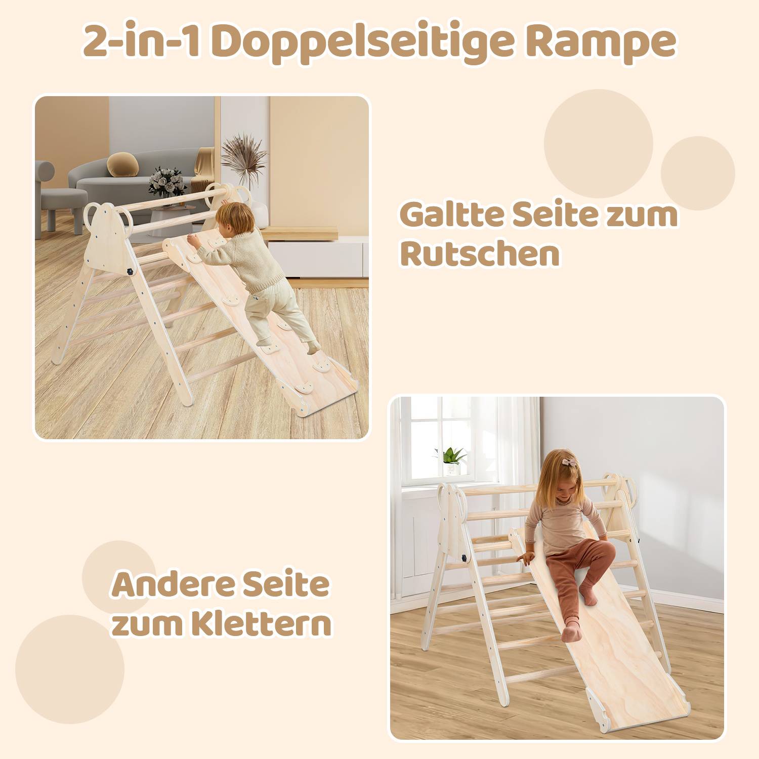 Werbebild einer 2-in-1 doppelseitigen Rampe mit glatter Seite zum Rutschen und anderer Seite zum Klettern, gezeigt mit Kindern, die sie drinnen nutzen.