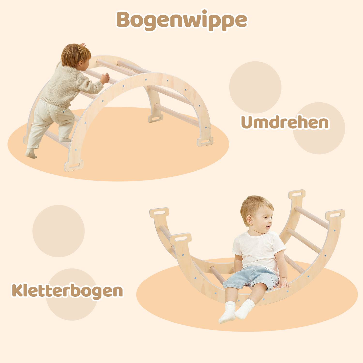 Abbildung eines hölzernen Kletterbogens für Kinder, der auf zwei Arten verwendet wird: "Bogenwippe"" zum Wippen und ""Kletterbogen"" zum Klettern.