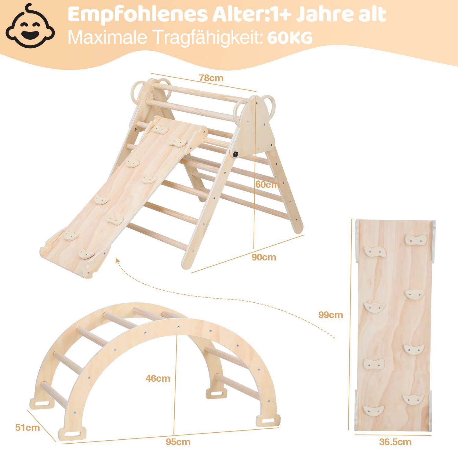 Holz-Kletterdreieck für Kinder mit Rutsche und Schaukelwippe, ab 1 Jahr, maximale Belastung 60 kg; Abmessungen für jede Konfiguration angegeben.