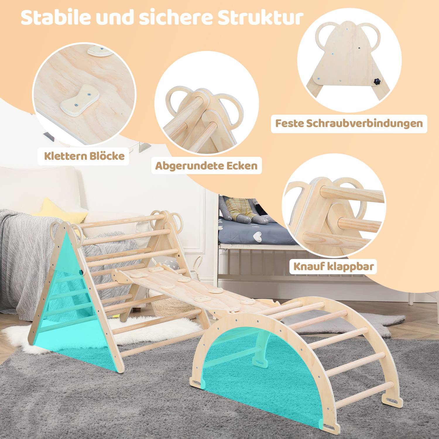 Holz-Kletterspielset für Innen mit Rampen und Bögen, hervorgehoben als stabil und sicher mit Blocktreppenstufen, abgerundeten Ecken, stabilen Schrauben und klappbaren Knotenstangen.