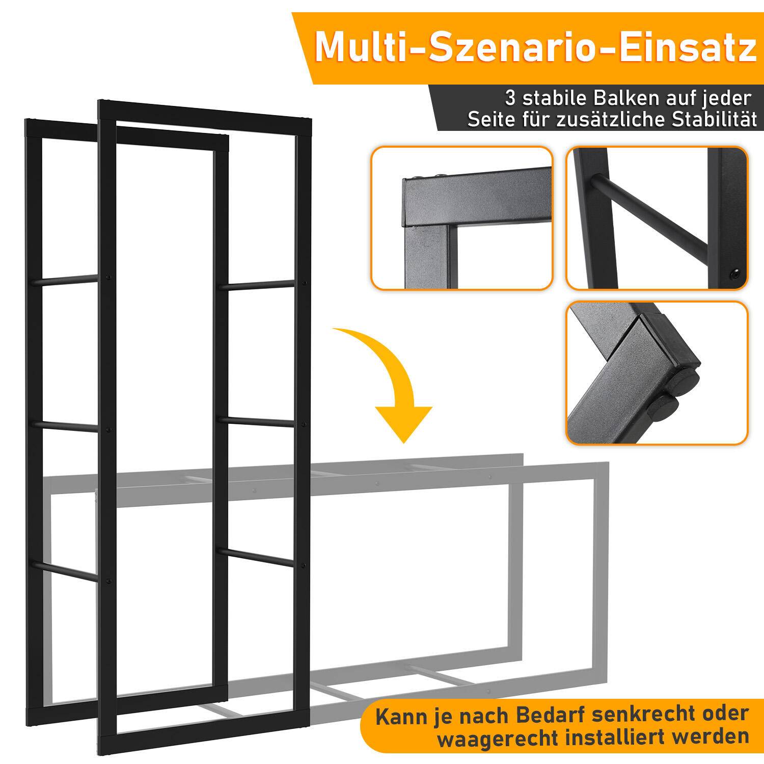 kaminholzregal Metall Brennholzregal innen außen für Feuerholz Holzlager Kaminholzständer Schwarz 100 x 40 x 25 cm