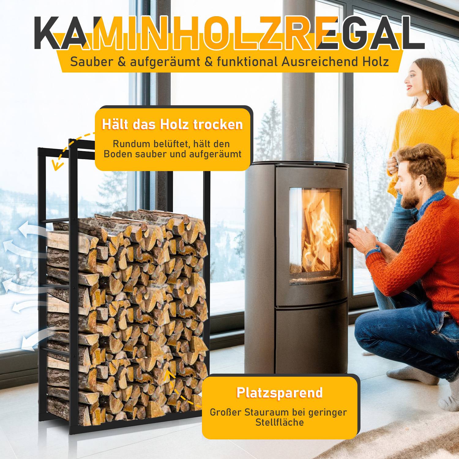 Kaminholzregal 100 × 60 × 25 cm, Eisen, Schwarz, freistehendes Brennholzregal für Kamin und Ofen