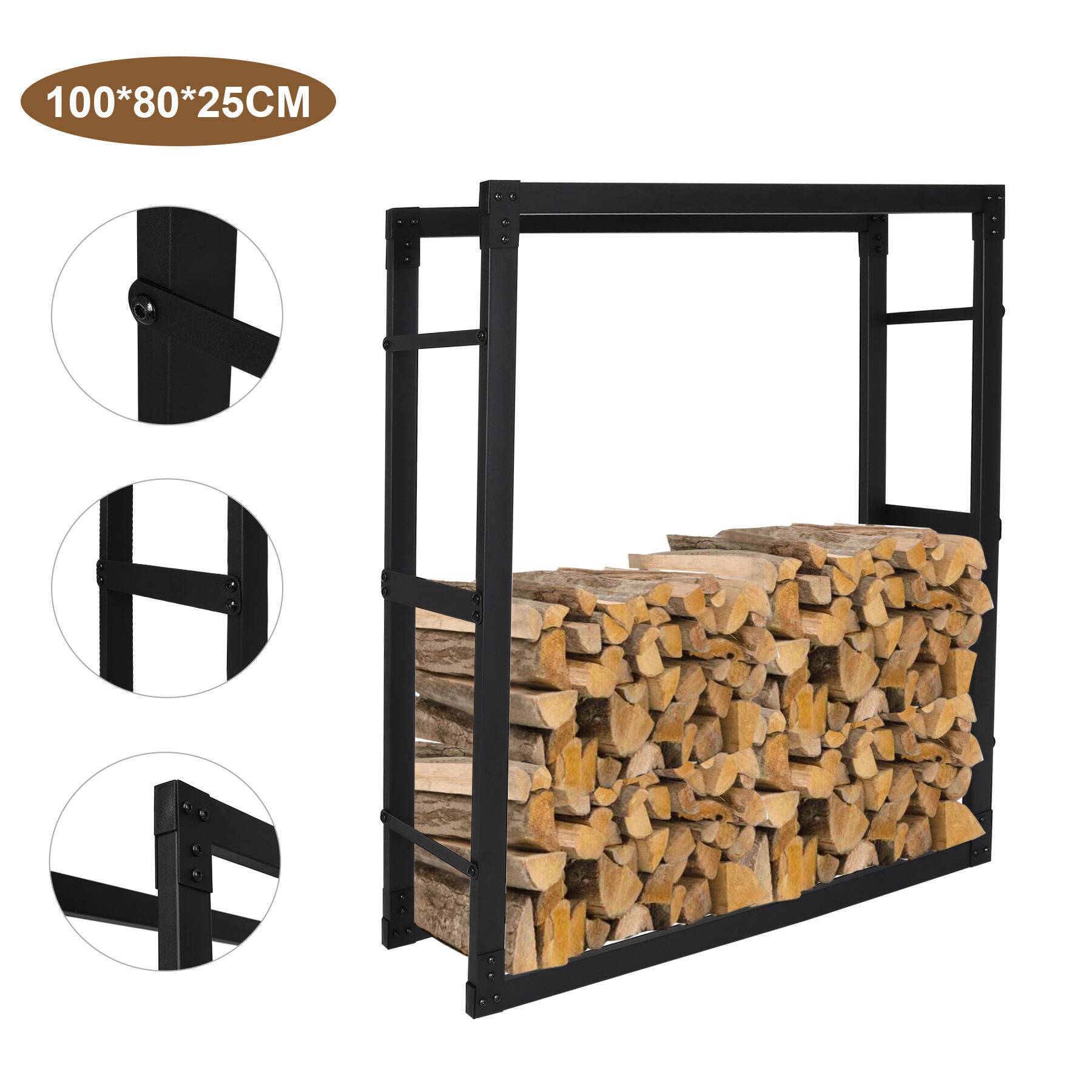 kaminholzregal Metall Brennholzregal innen außen für Feuerholz Holzlager Kaminholzständer Schwarz 100 x 80 x 25 cm