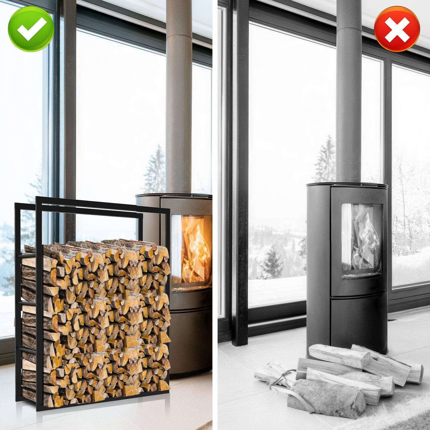 kaminholzregal Metall Brennholzregal innen außen für Feuerholz Holzlager Kaminholzständer Schwarz 100 x 80 x 25 cm