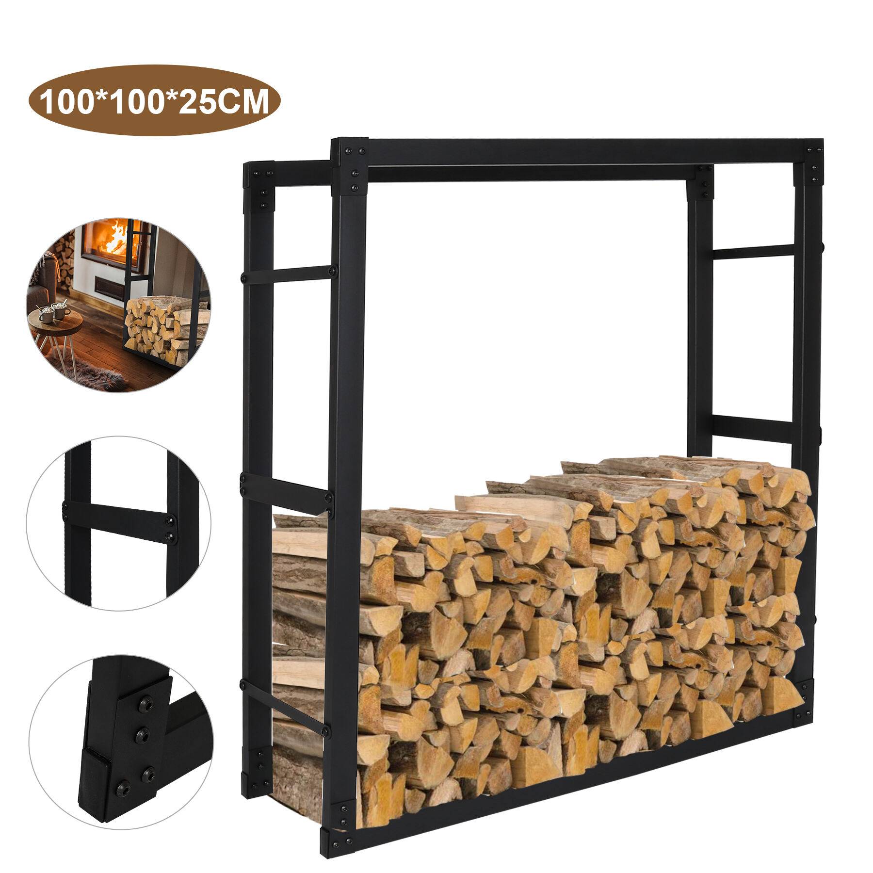 kaminholzregal Metall Brennholzregal innen außen für Feuerholz Holzlager Kaminholzständer Schwarz 100 x 100 x 25 cm