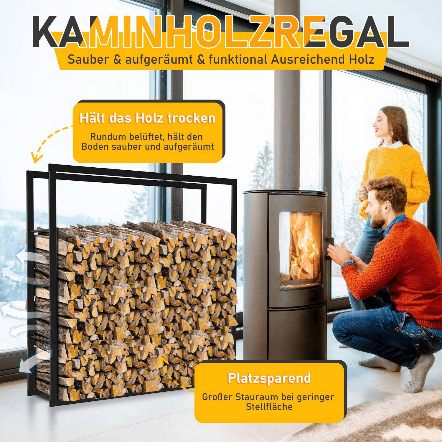 kaminholzregal Metall Brennholzregal innen außen für Feuerholz Holzlager Kaminholzständer Schwarz 100 x 100 x 25 cm