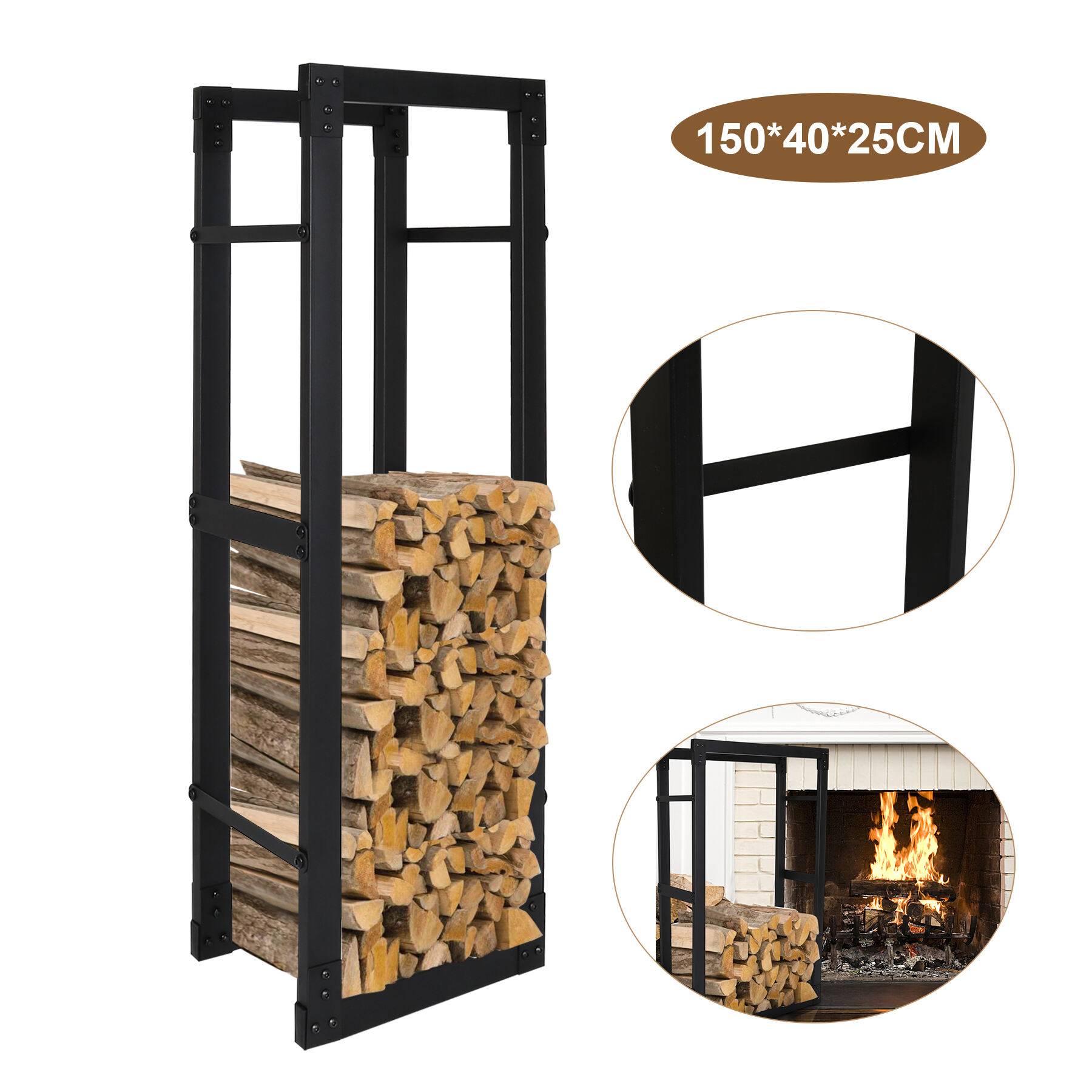 kaminholzregal Metall Brennholzregal innen außen für Feuerholz Holzlager Kaminholzständer Schwarz 150 x 40 x 25 cm