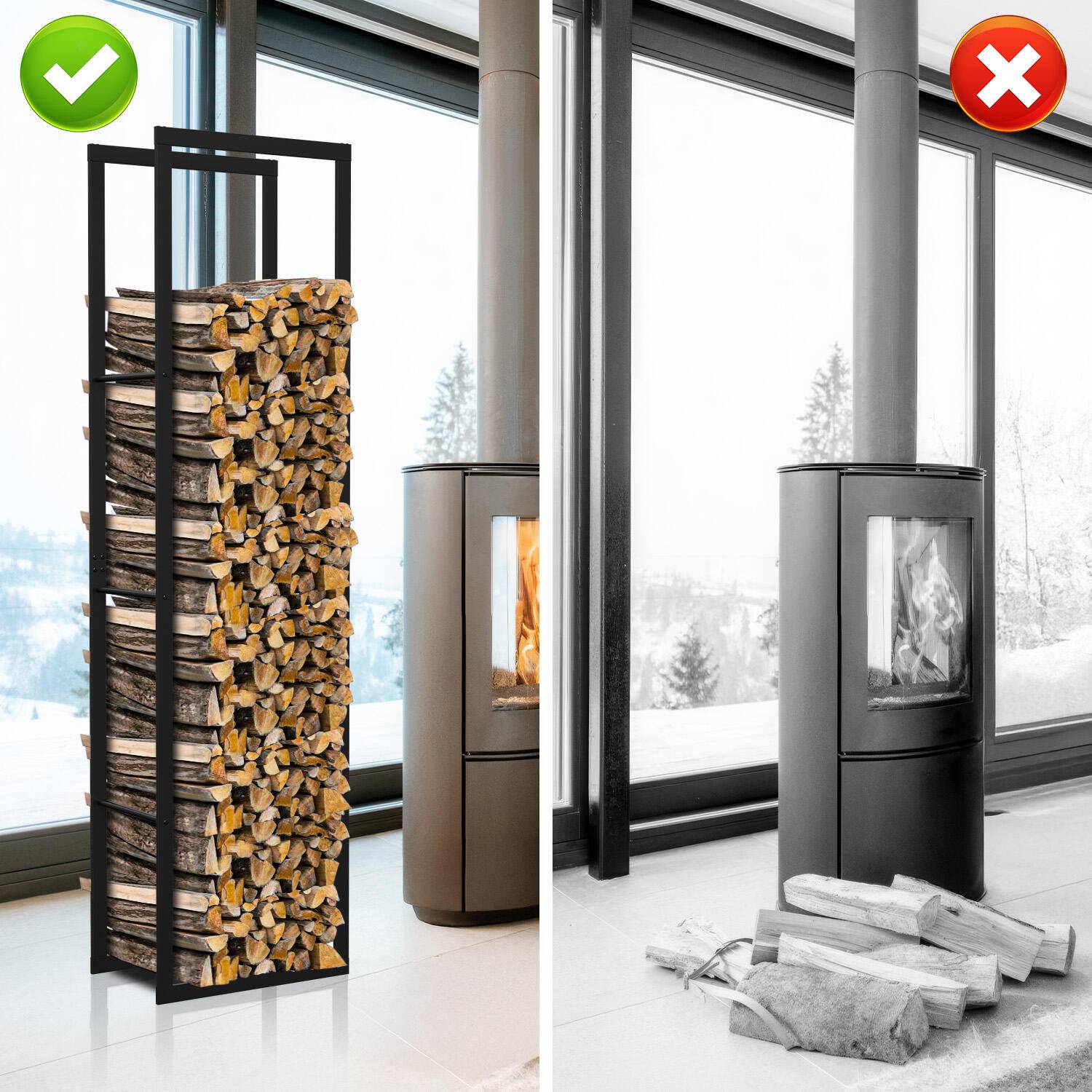 kaminholzregal Metall Brennholzregal innen außen für Feuerholz Holzlager Kaminholzständer Schwarz 150 x 40 x 25 cm