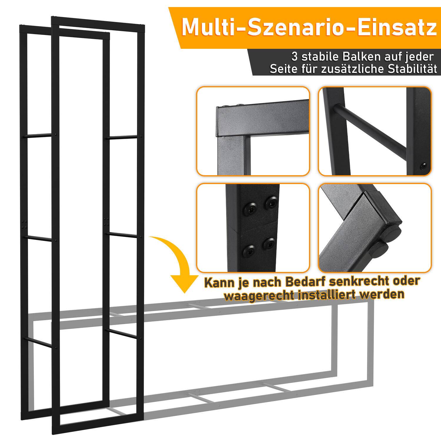 kaminholzregal Metall Brennholzregal innen außen für Feuerholz Holzlager Kaminholzständer Schwarz 150 x 40 x 25 cm