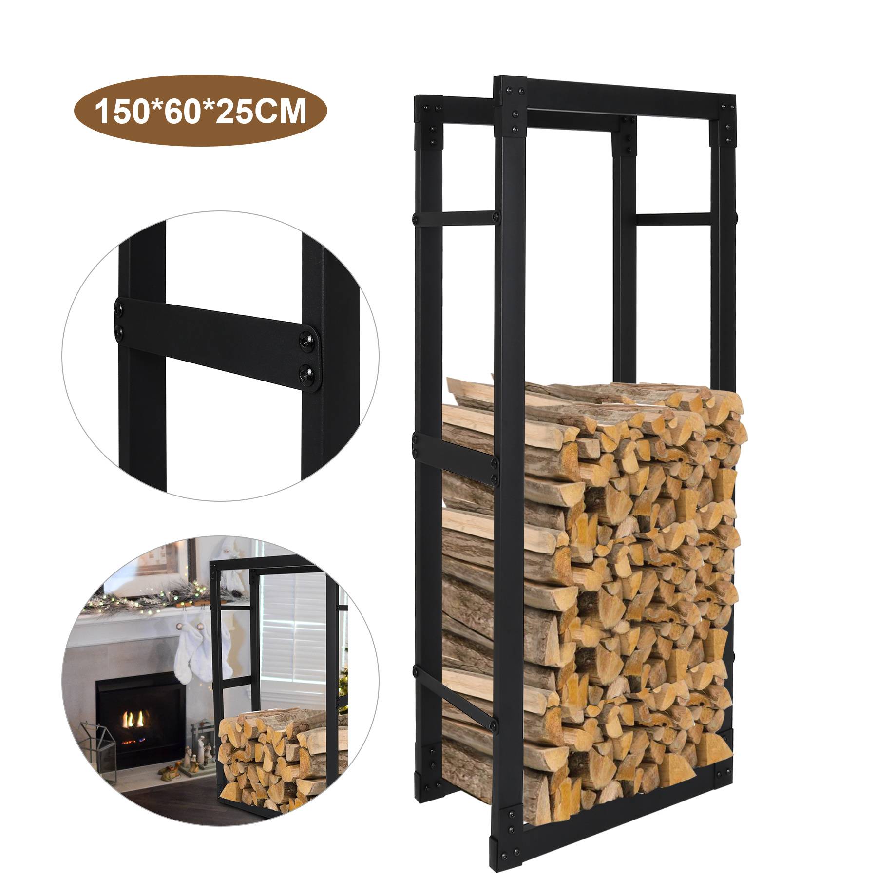 kaminholzregal Metall Brennholzregal innen außen für Feuerholz Holzlager Kaminholzständer Schwarz 150 x 60 x 25 cm
