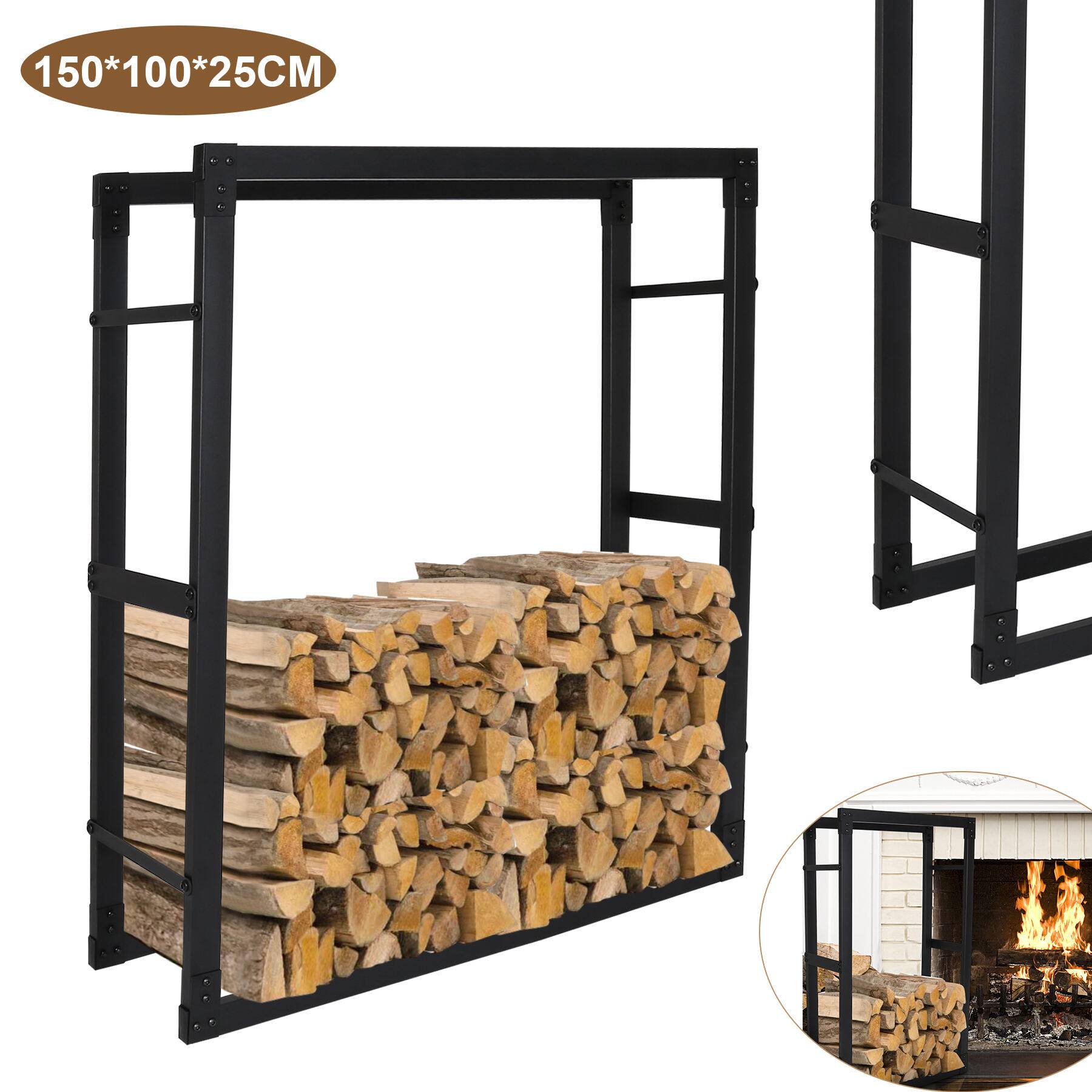 kaminholzregal Metall Brennholzregal innen außen für Feuerholz Holzlager Kaminholzständer Schwarz 150 x 100 x 25 cm