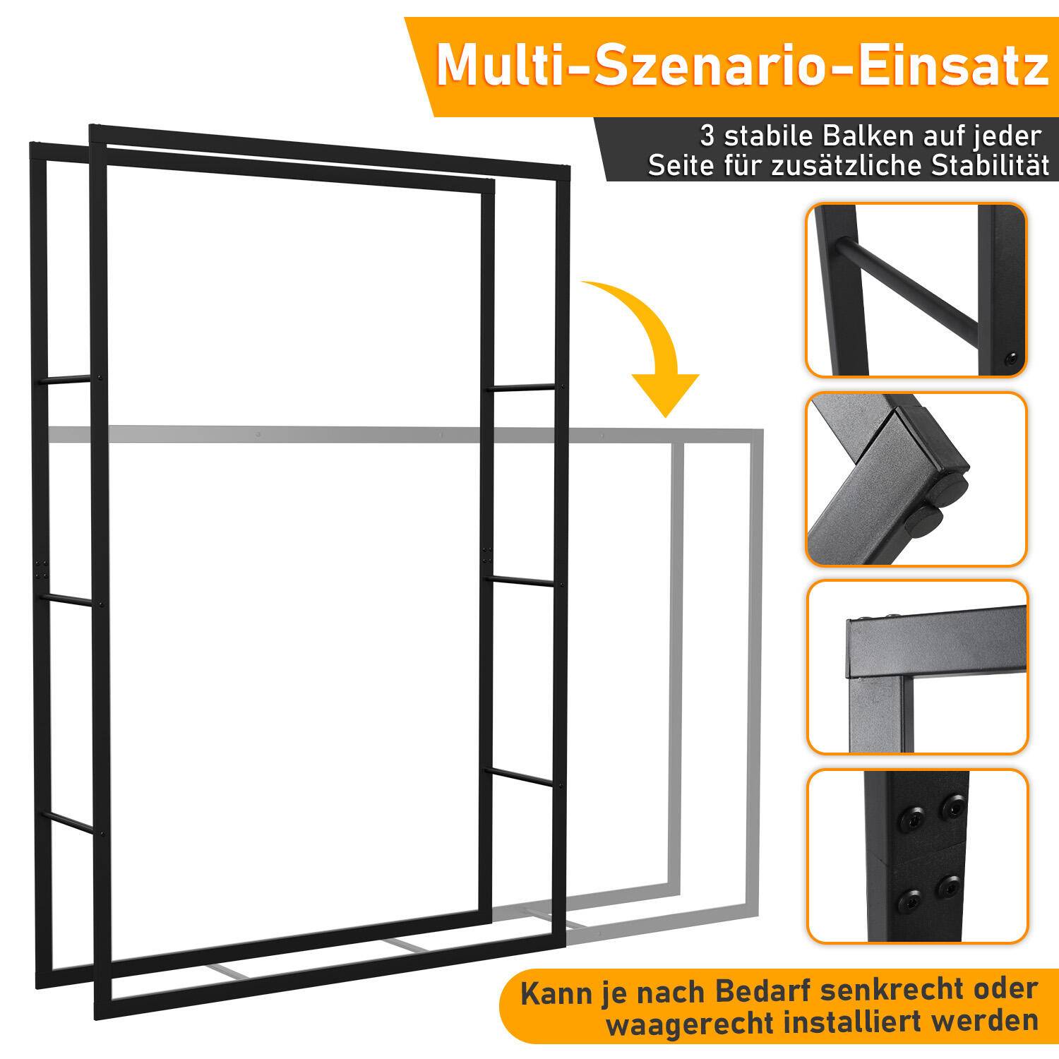 kaminholzregal Metall Brennholzregal innen außen für Feuerholz Holzlager Kaminholzständer Schwarz 150 x 100 x 25 cm
