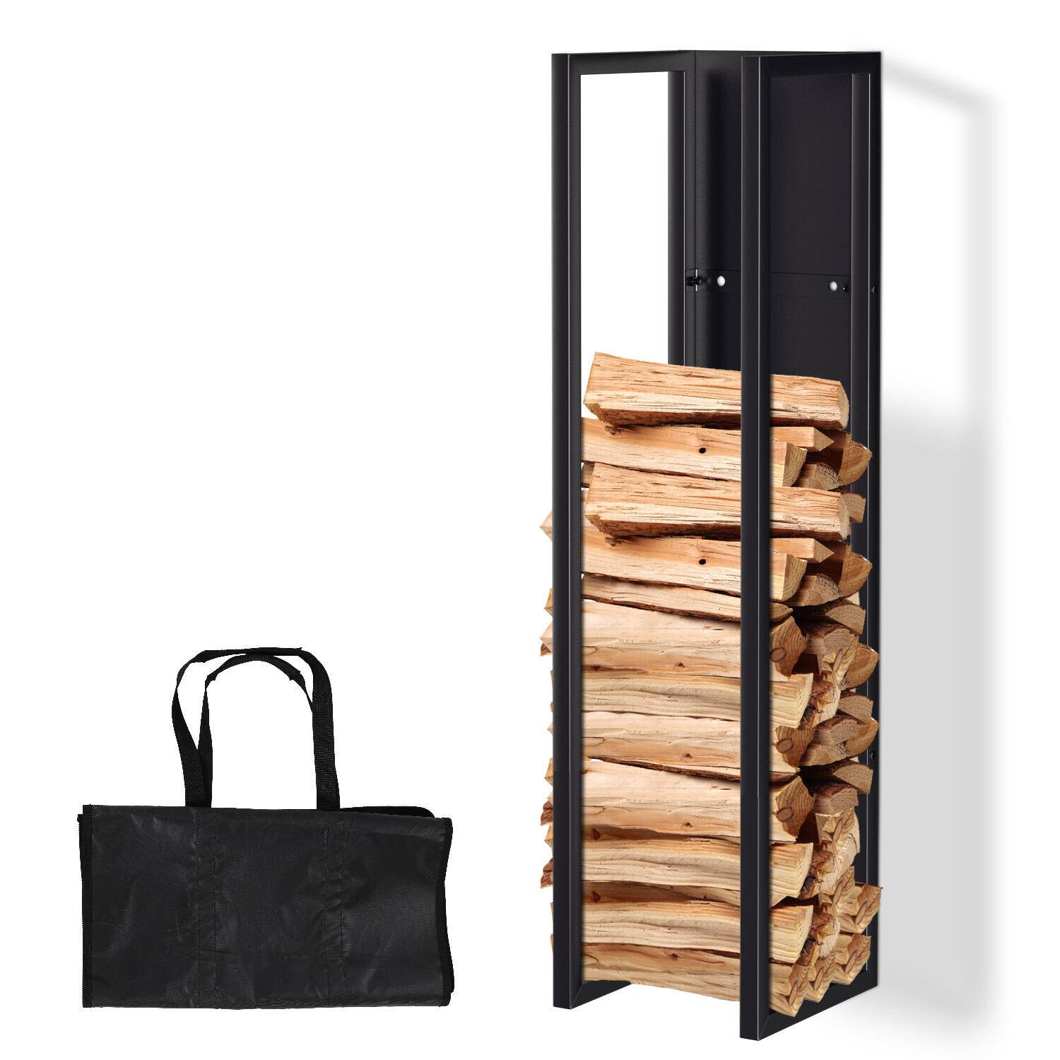 Kaminholzregal Indoor Metall schwarz mit Wandplatte Hängender mit Kaminholztasche 100 x 25 x 25 cm