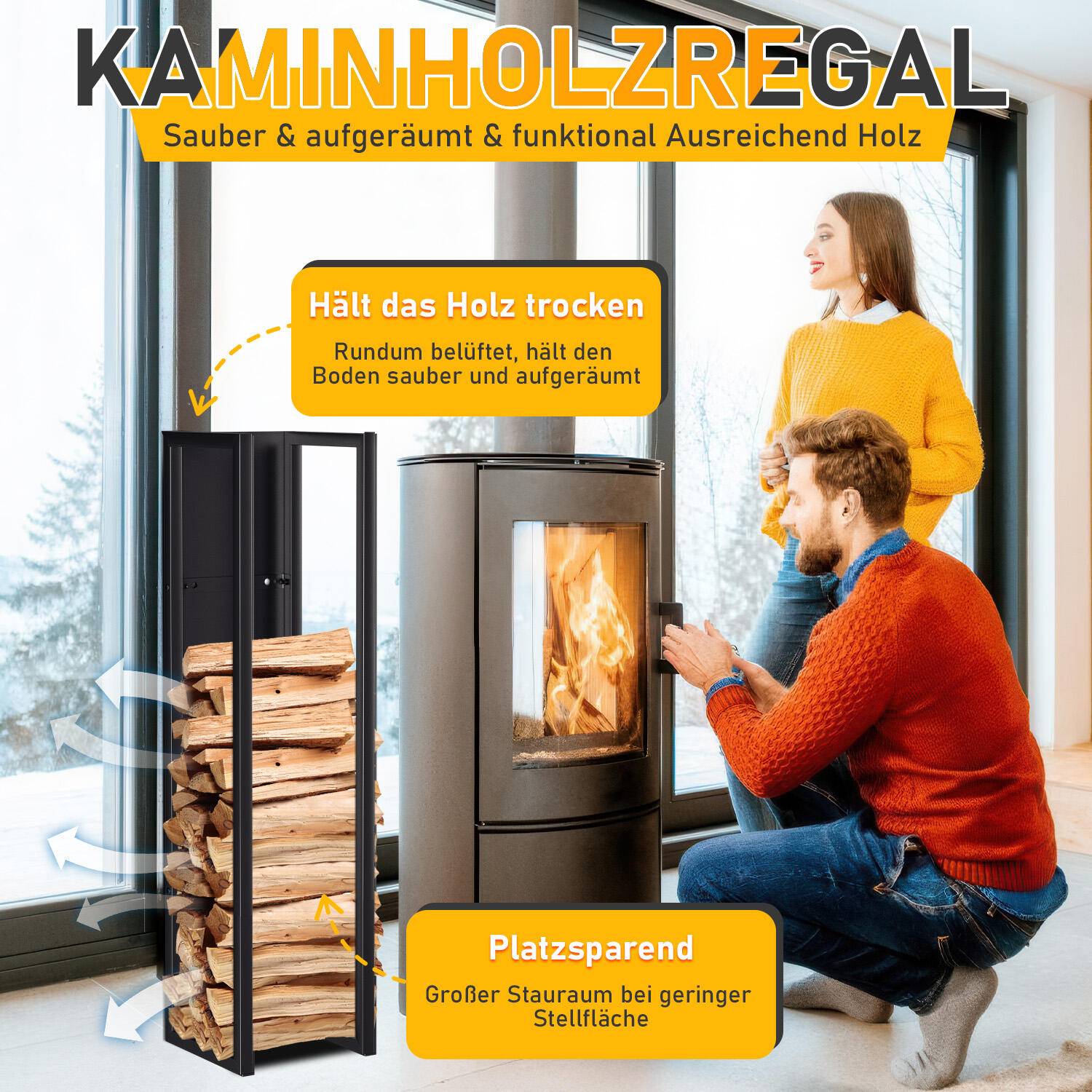 Kaminholzregal Indoor Metall schwarz mit Wandplatte Hängender mit Kaminholztasche 100 x 25 x 25 cm