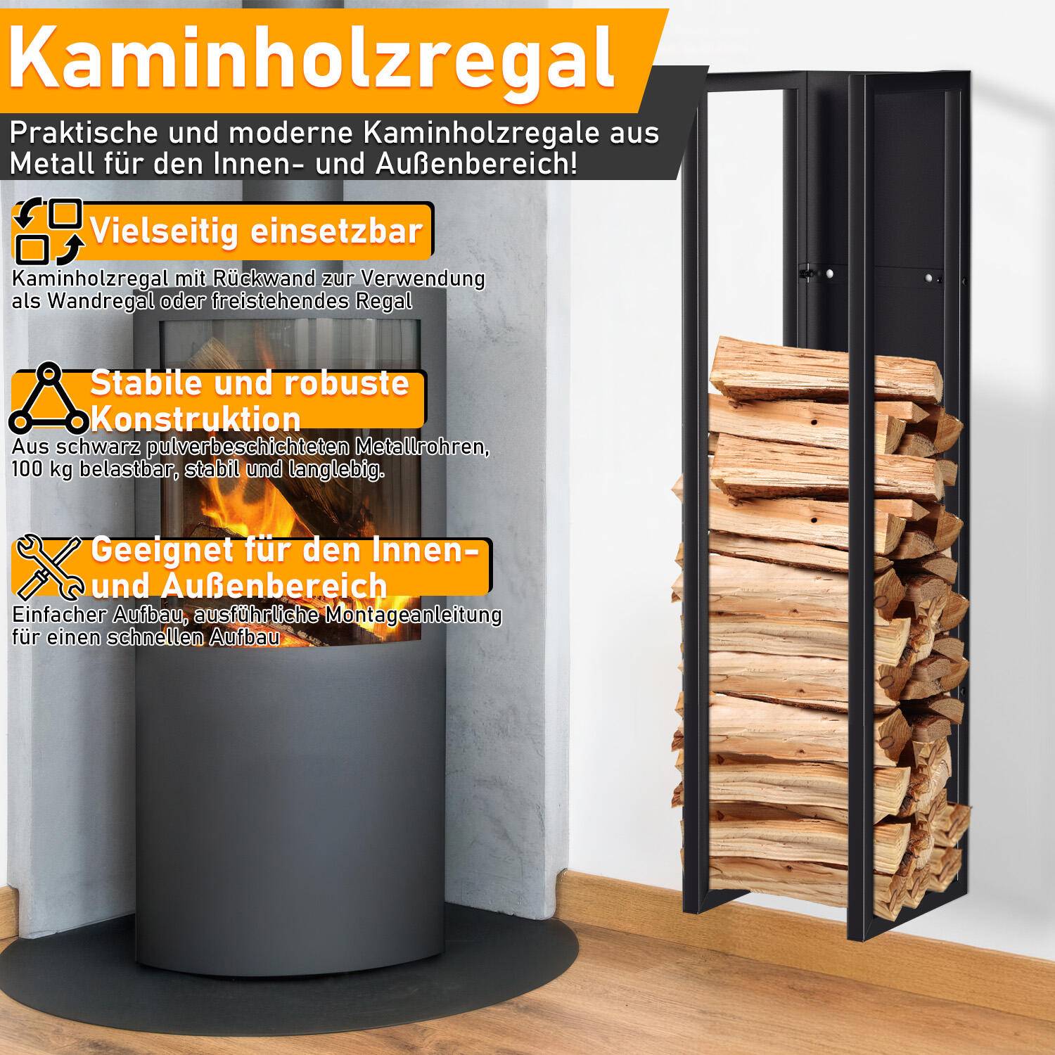 Kaminholzregal Indoor Metall schwarz mit Wandplatte Hängender mit Kaminholztasche 100 x 25 x 25 cm