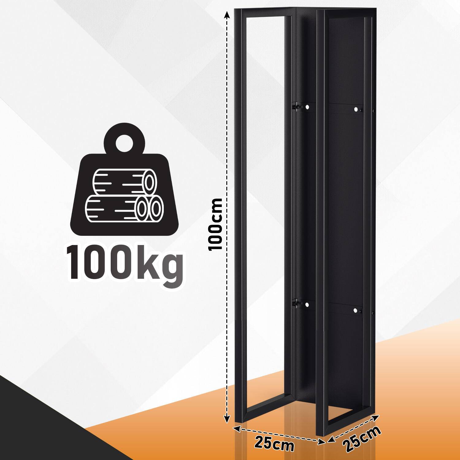 Kaminholzregal Indoor Metall schwarz mit Wandplatte Hängender mit Kaminholztasche 100 x 25 x 25 cm