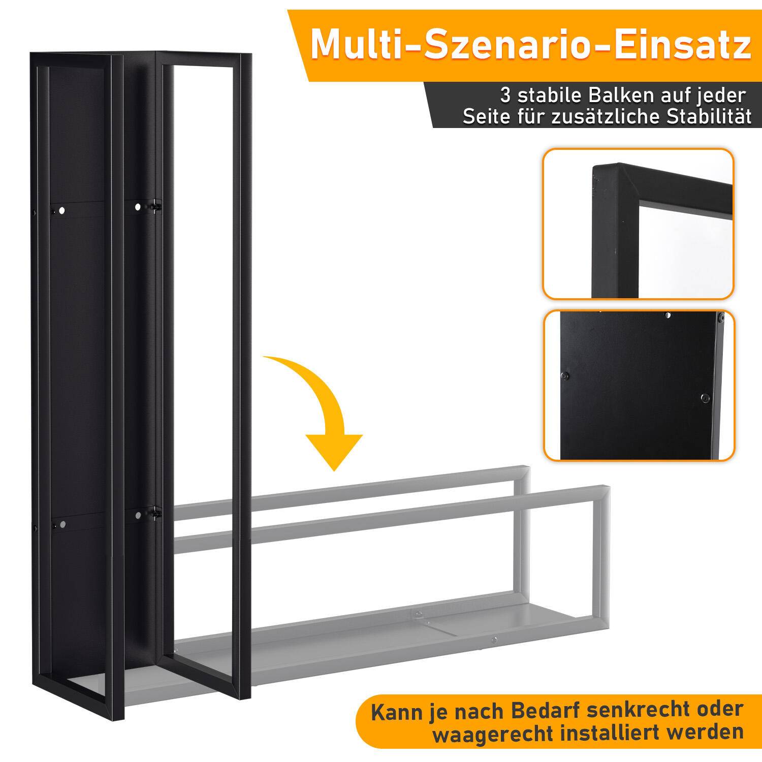 Kaminholzregal Indoor Metall schwarz mit Wandplatte Hängender mit Kaminholztasche 100 x 25 x 25 cm