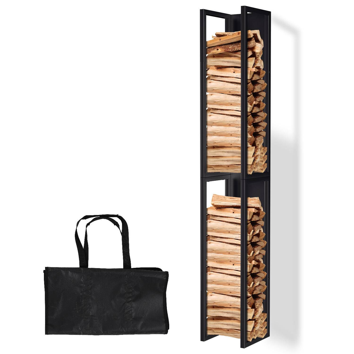 Kaminholzregal Indoor Metall schwarz mit Wandplatte Hängender mit Kaminholztasche 160 x 25 x 25 cm