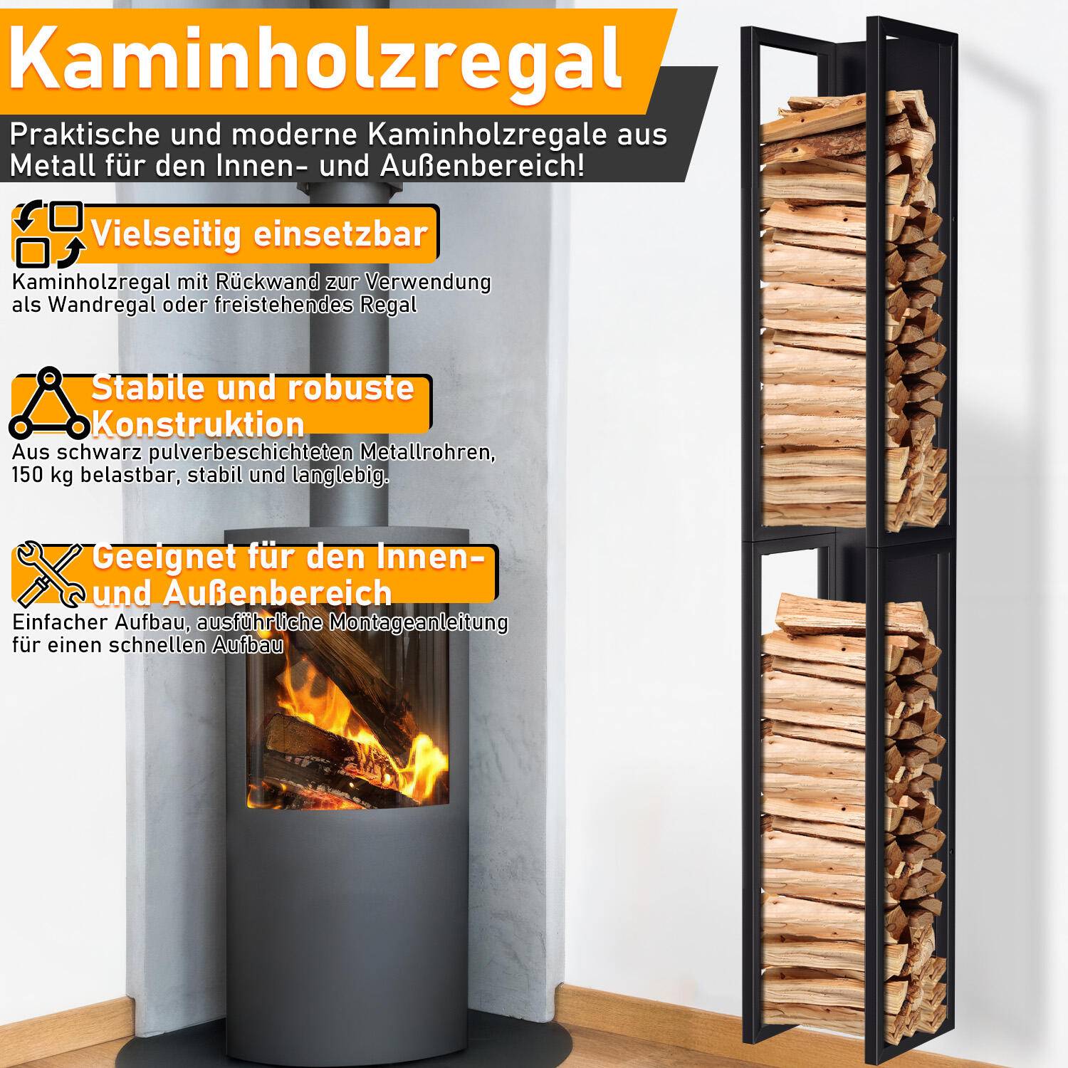 Kaminholzregal Indoor Metall schwarz mit Wandplatte Hängender mit Kaminholztasche 160 x 25 x 25 cm