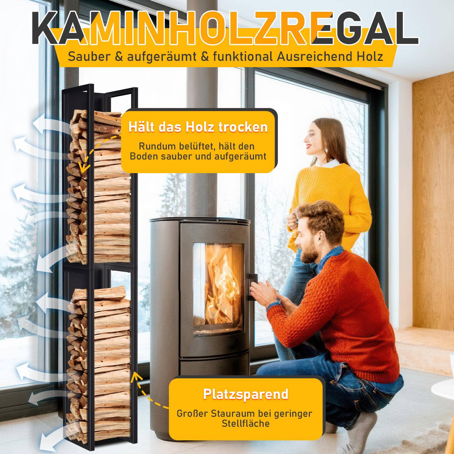 Kaminholzregal Indoor Metall schwarz mit Wandplatte Hängender mit Kaminholztasche 160 x 25 x 25 cm