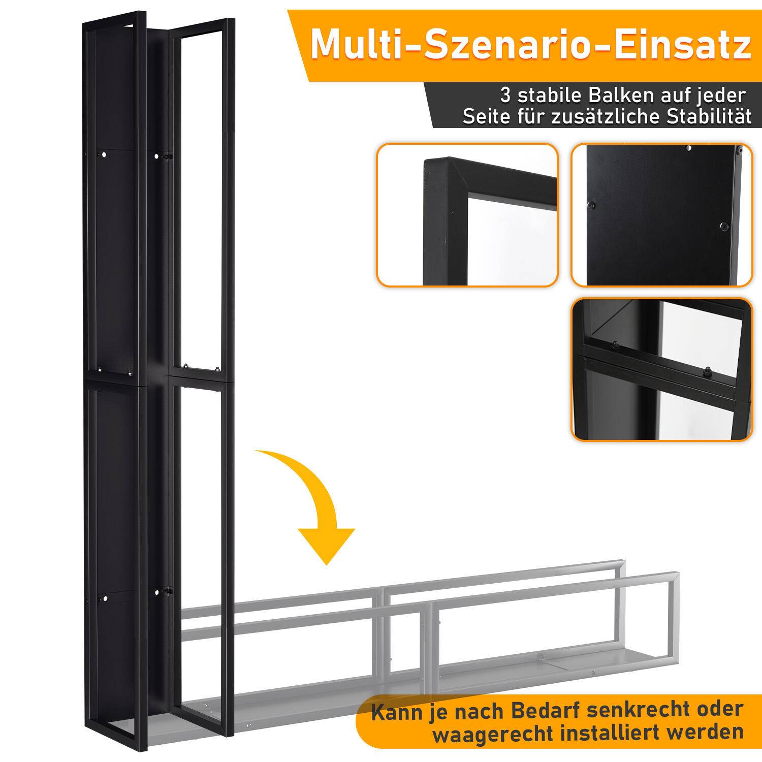 Kaminholzregal Indoor Metall schwarz mit Wandplatte Hängender mit Kaminholztasche 160 x 25 x 25 cm