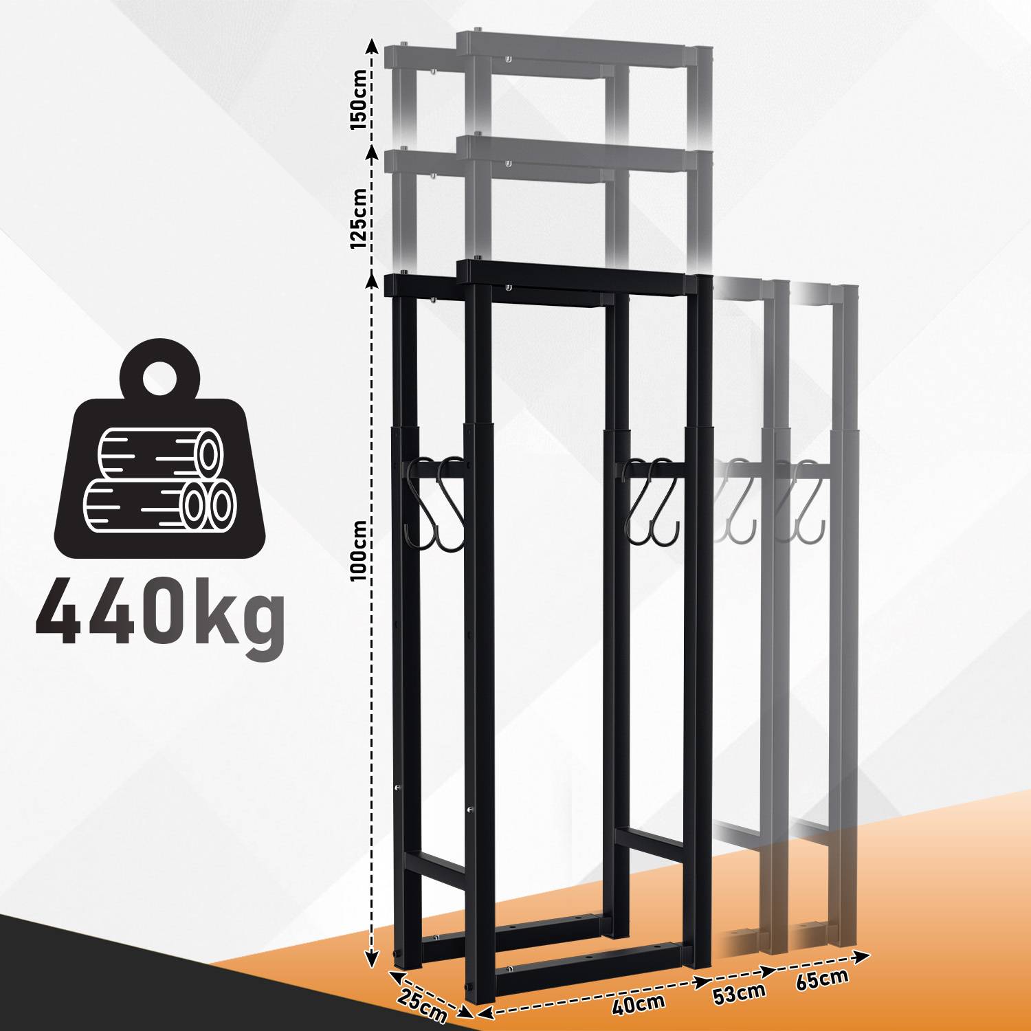 Schwarzes Metall-Lagerregal mit 440 kg Tragfähigkeit, gezeigt mit gestapelten Rahmengrößen und Abmessungen: 25 cm Tiefe, 40/53/65 cm Breite, 100/125/150 cm Höhe.