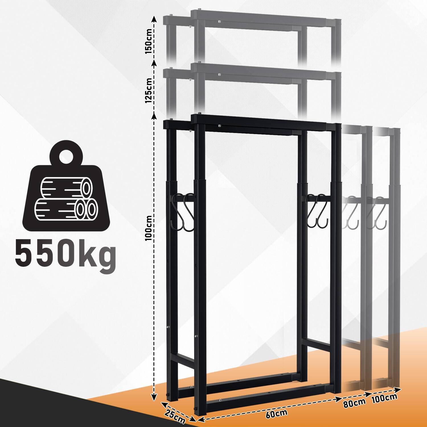 Kaminholzregal Holzkorb Ausziehbar Brennholzständer schwarzes Metall L60/80/100cm H100/125/150cm