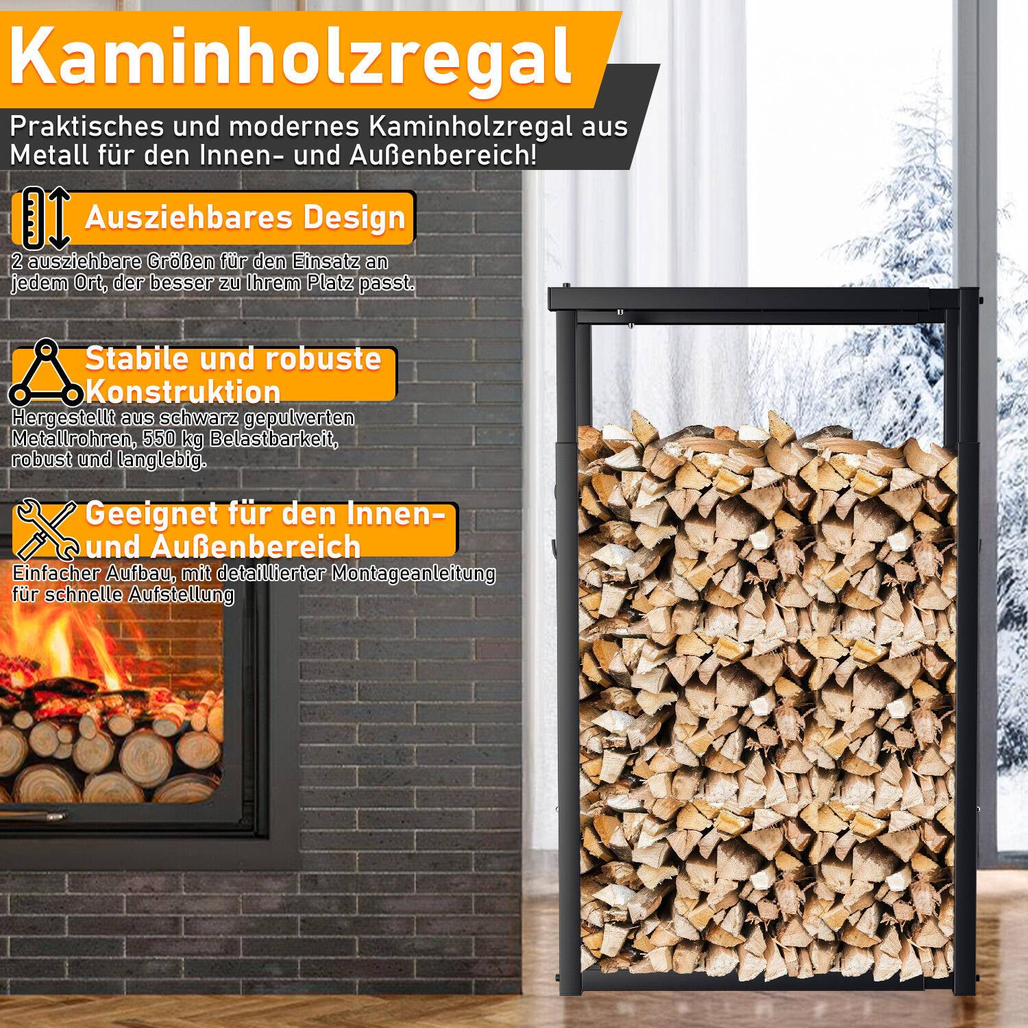 Kaminholzregal Holzkorb Ausziehbar Brennholzständer schwarzes Metall L60/80/100cm H100/125/150cm