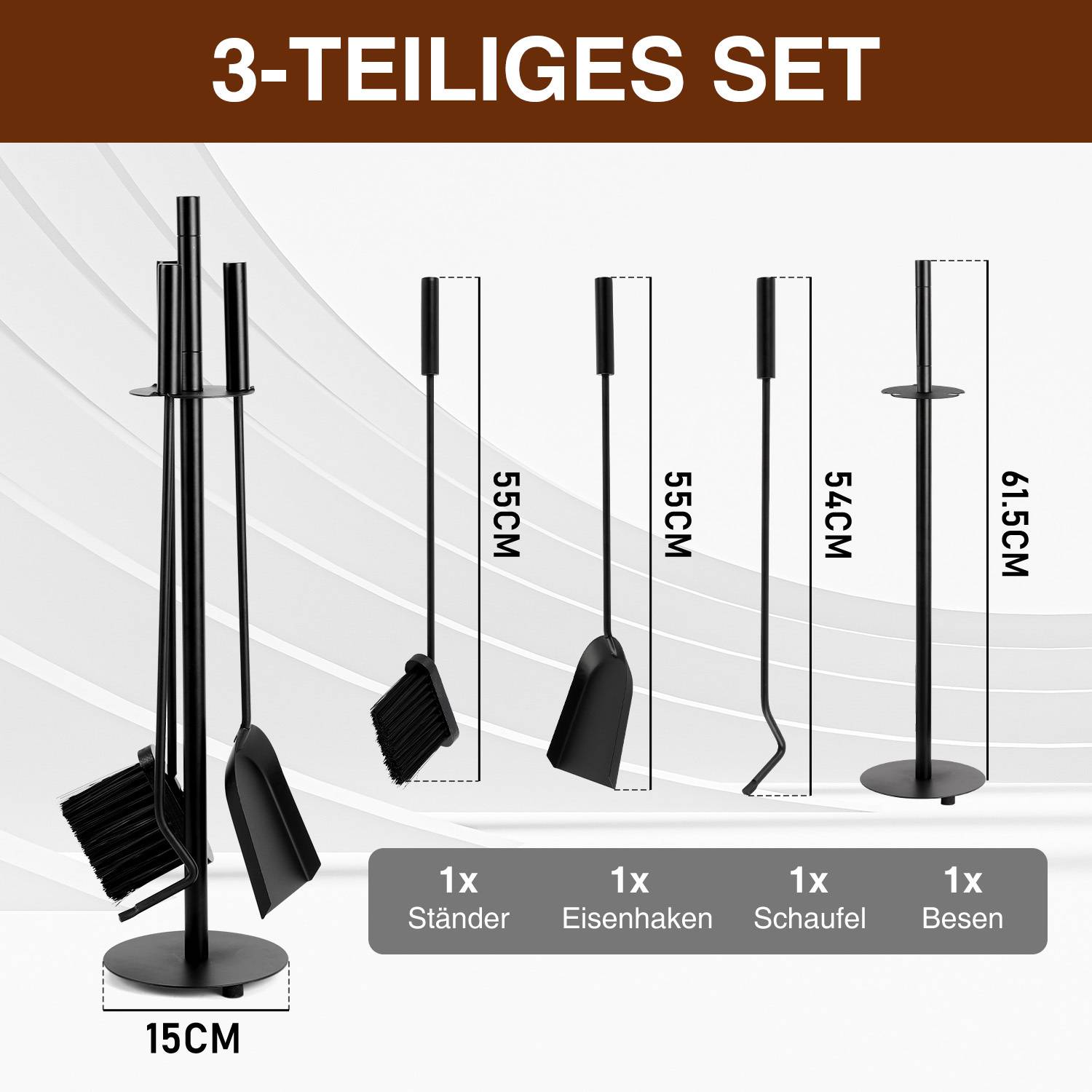 Dreiteiliges Reinigungsset mit Ständer, Haken, Schaufel und Bürste, gekennzeichnet mit Abmessungen: Ständer 15 cm, Werkzeuge 54-61,5 cm.