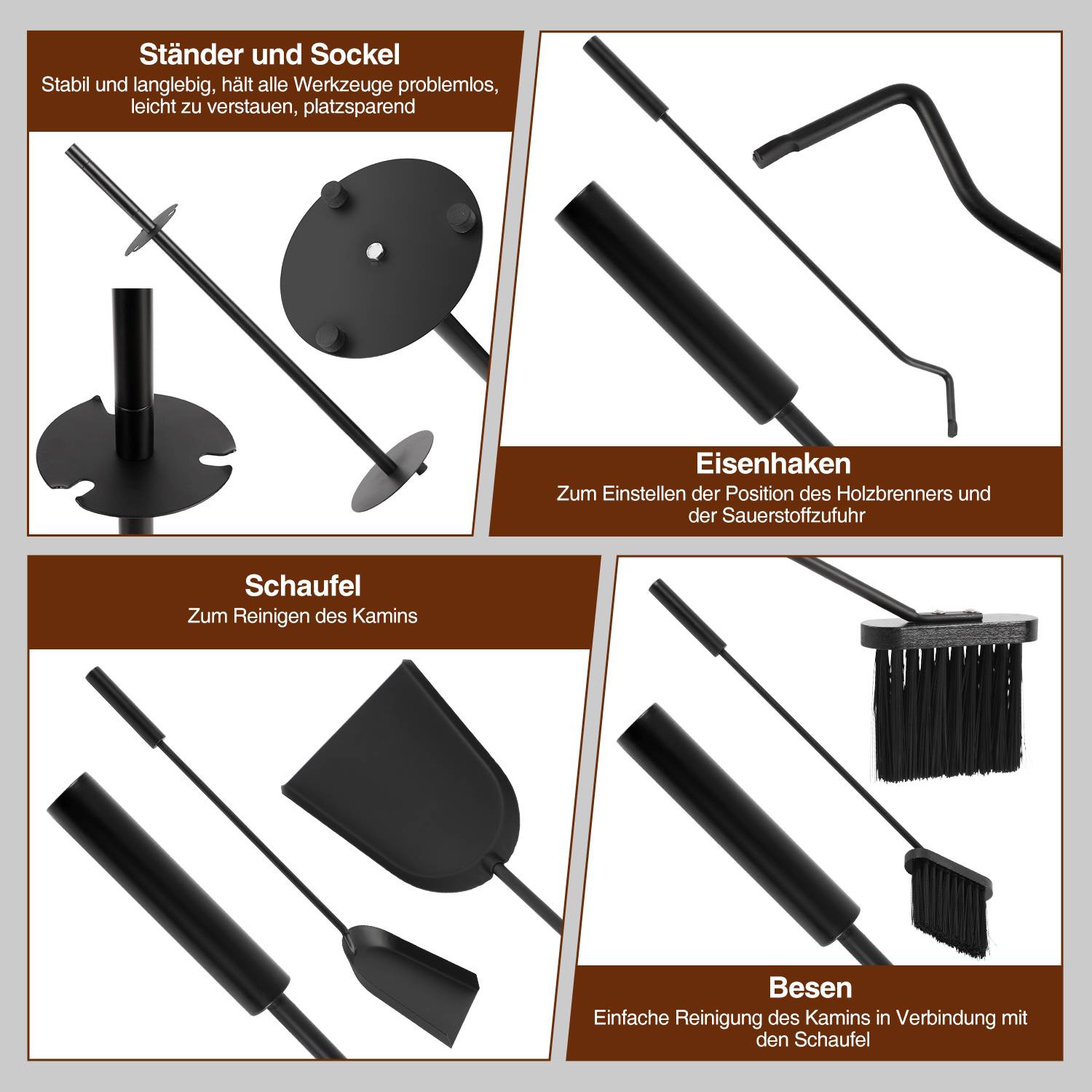 3-teiliges Kaminbesteck mit Ständer, Schaufel, Besen und Schürhaken, Schwarz