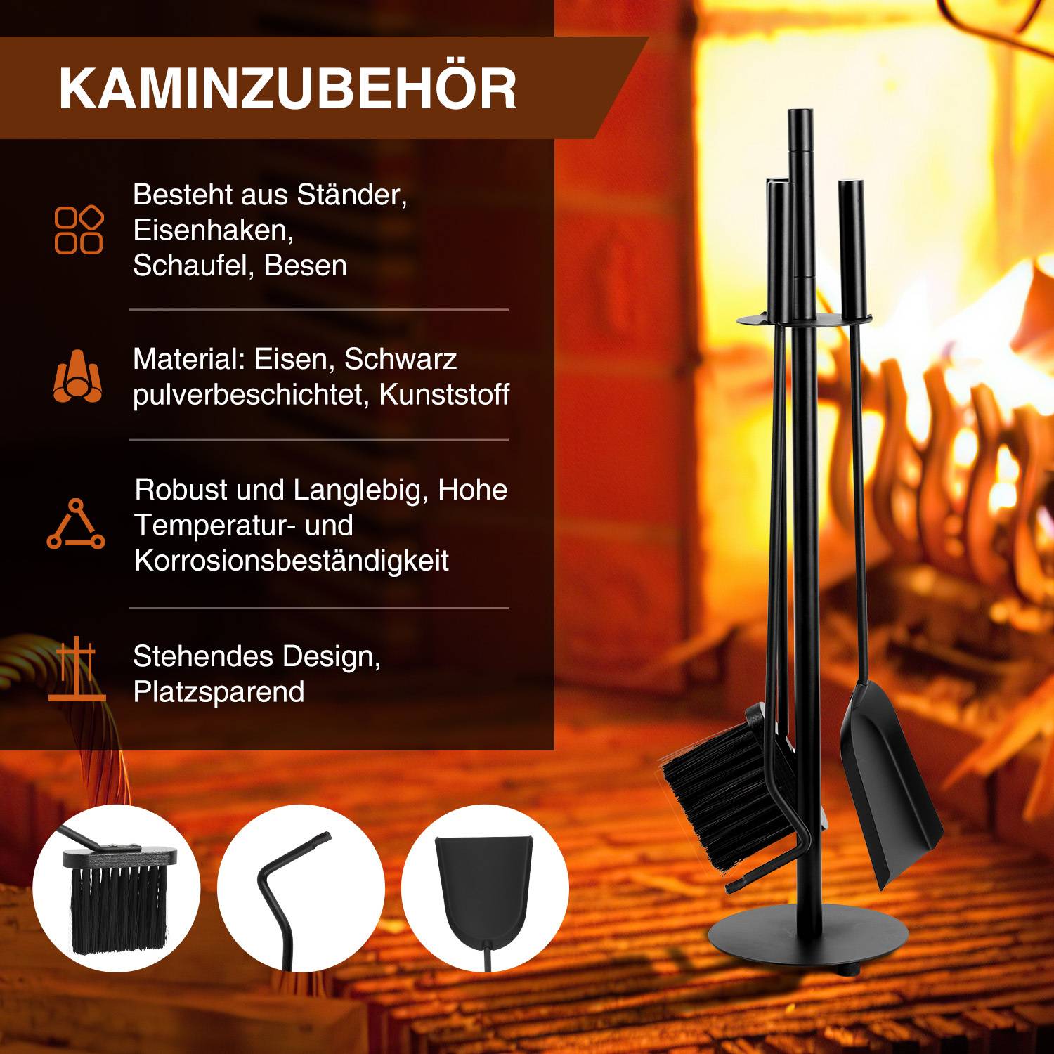 Schwarzes Kaminbesteck mit Ständer, Besen und Schaufel; deutscher Text hebt Eisen, Hitzebeständigkeit, Korrosionsbeständigkeit und platzsparendes Design hervor.