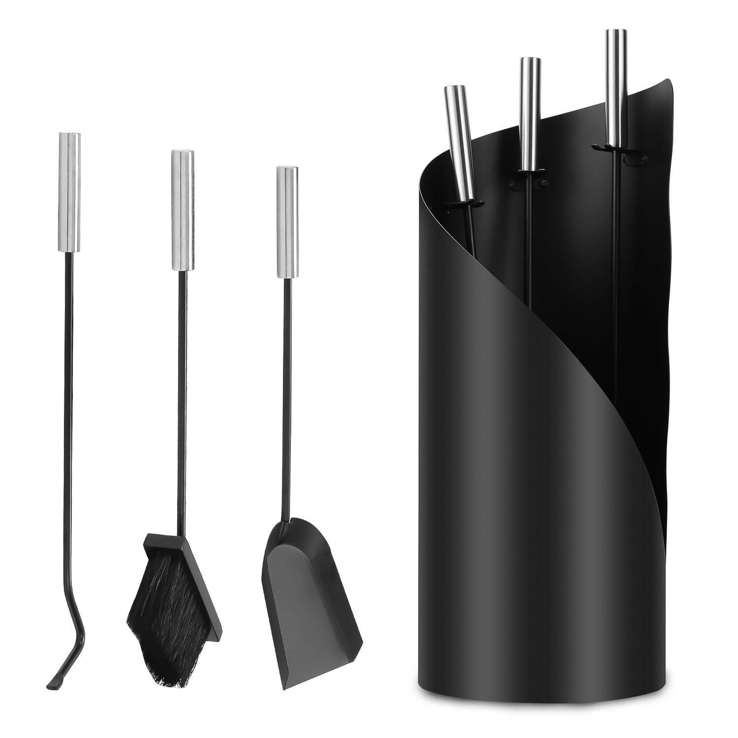 4 teilig Kaminzubehör Edelstahl Kaminbesteck mit Beschichtet Kaminreinigungsset für Kamin Kamingarnitur Schwarz