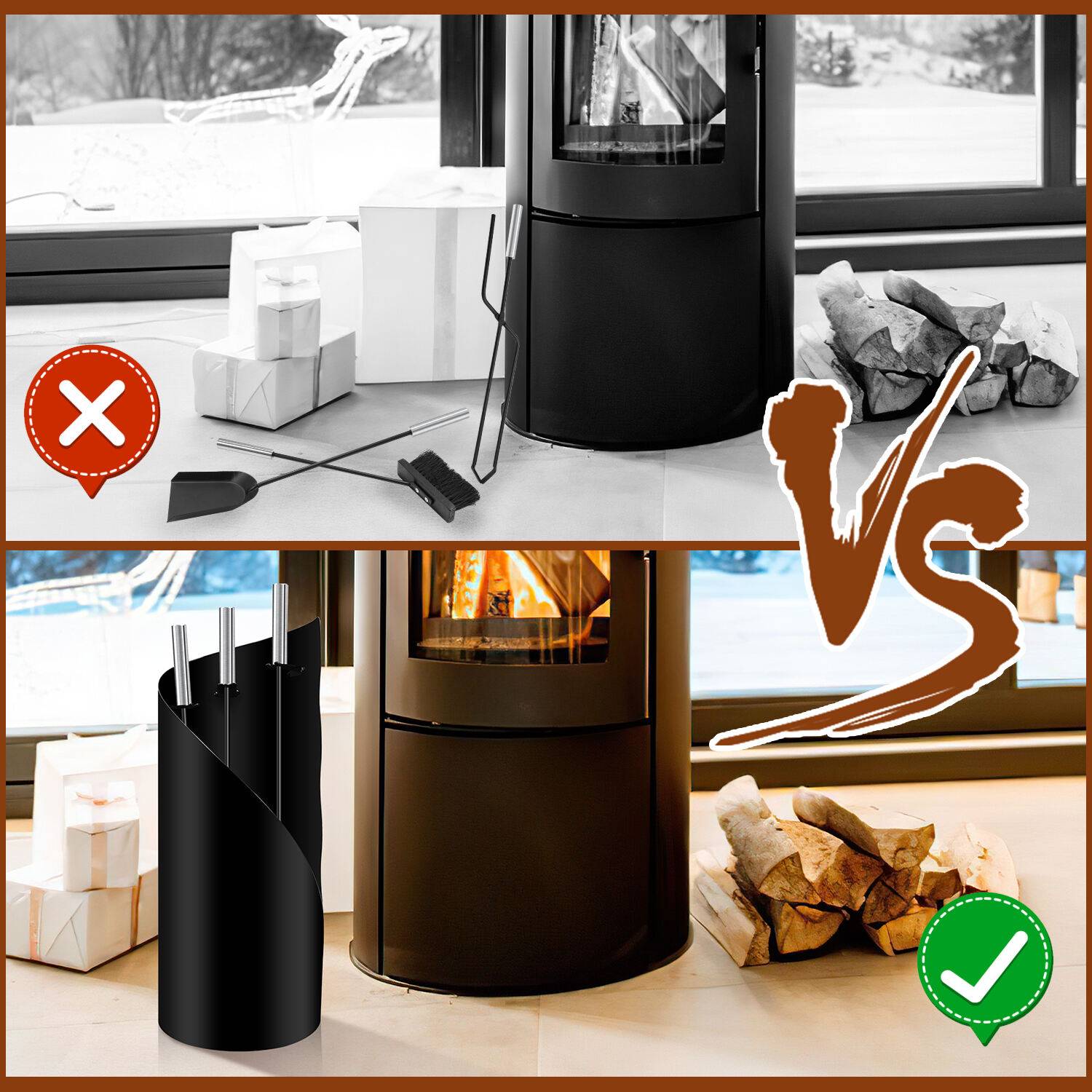 4 teilig Kaminzubehör Edelstahl Kaminbesteck mit Beschichtet Kaminreinigungsset für Kamin Kamingarnitur Schwarz