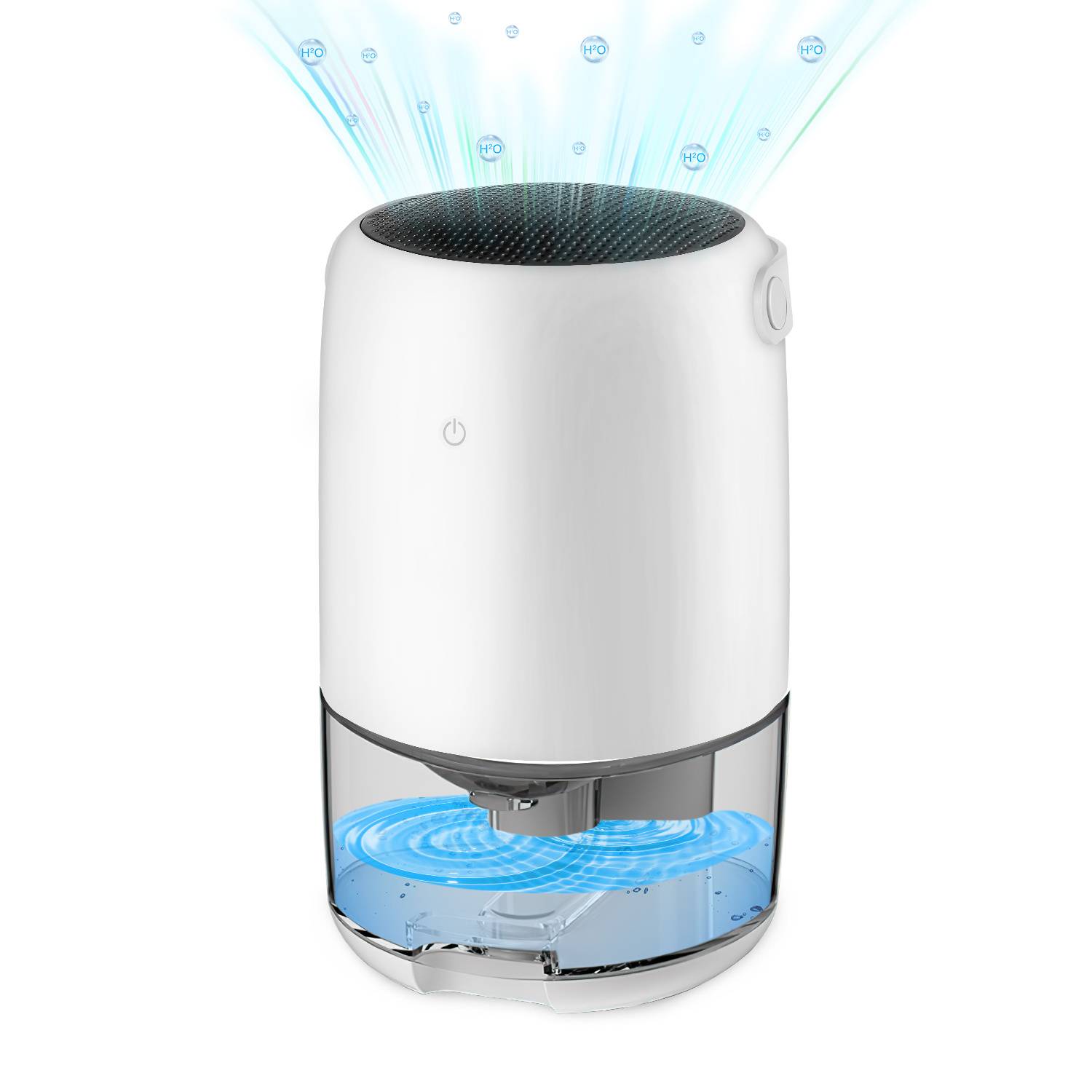 Weiß getönte Arbeitsflächenbefeuchter mit oberem Nebellauslass und sichtbarem Wassertank, der blauen Dampf von oben und aus dem Basisbehälter abgibt.