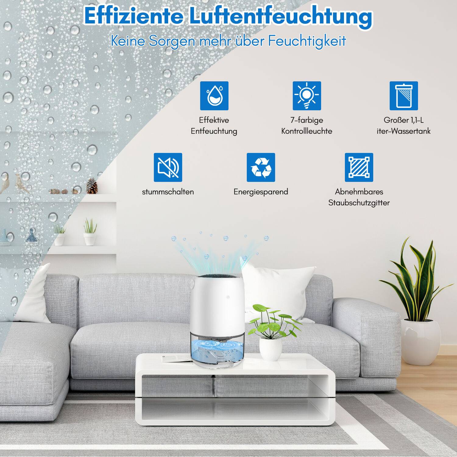 Luftentfeuchter Räume Luftbehandlung 1100ml leiser Bautrockner Raumentfeuchter