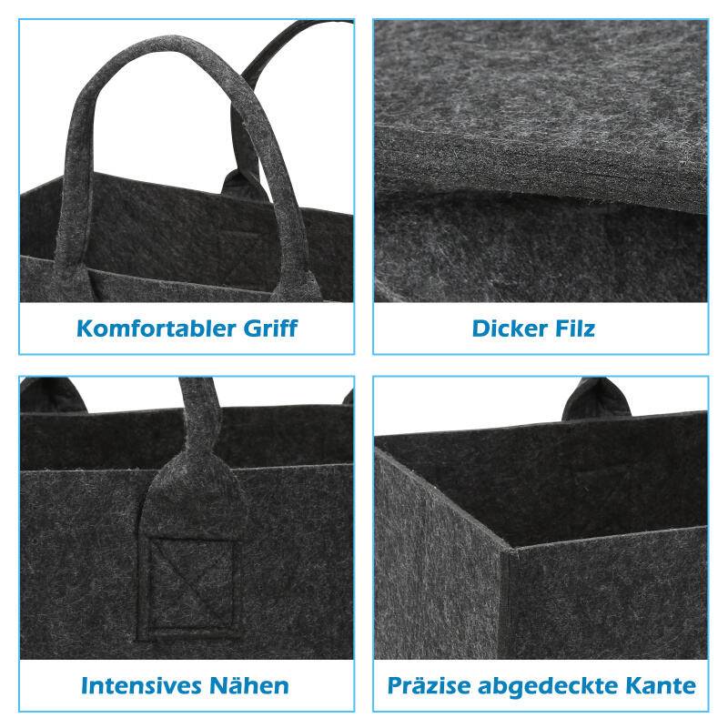 Filzkorb 6 Stück Filztaschen für kaminholz Kaminholztasche Faltbar 50x25x25CM Dunkelgrau