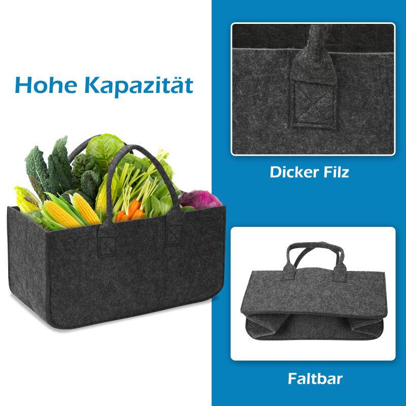 Filzkorb 6 Stück Filztaschen für kaminholz Kaminholztasche Faltbar 50x25x25CM Dunkelgrau