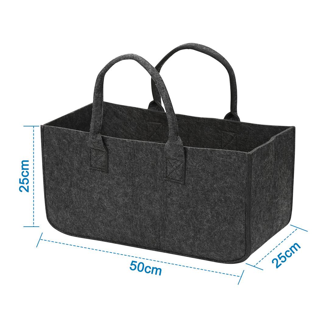Schwarze Filz-Aufbewahrungstasche mit zwei Griffen, gezeigt mit Abmessungen 50 cm lang, 25 cm breit und 25 cm hoch.