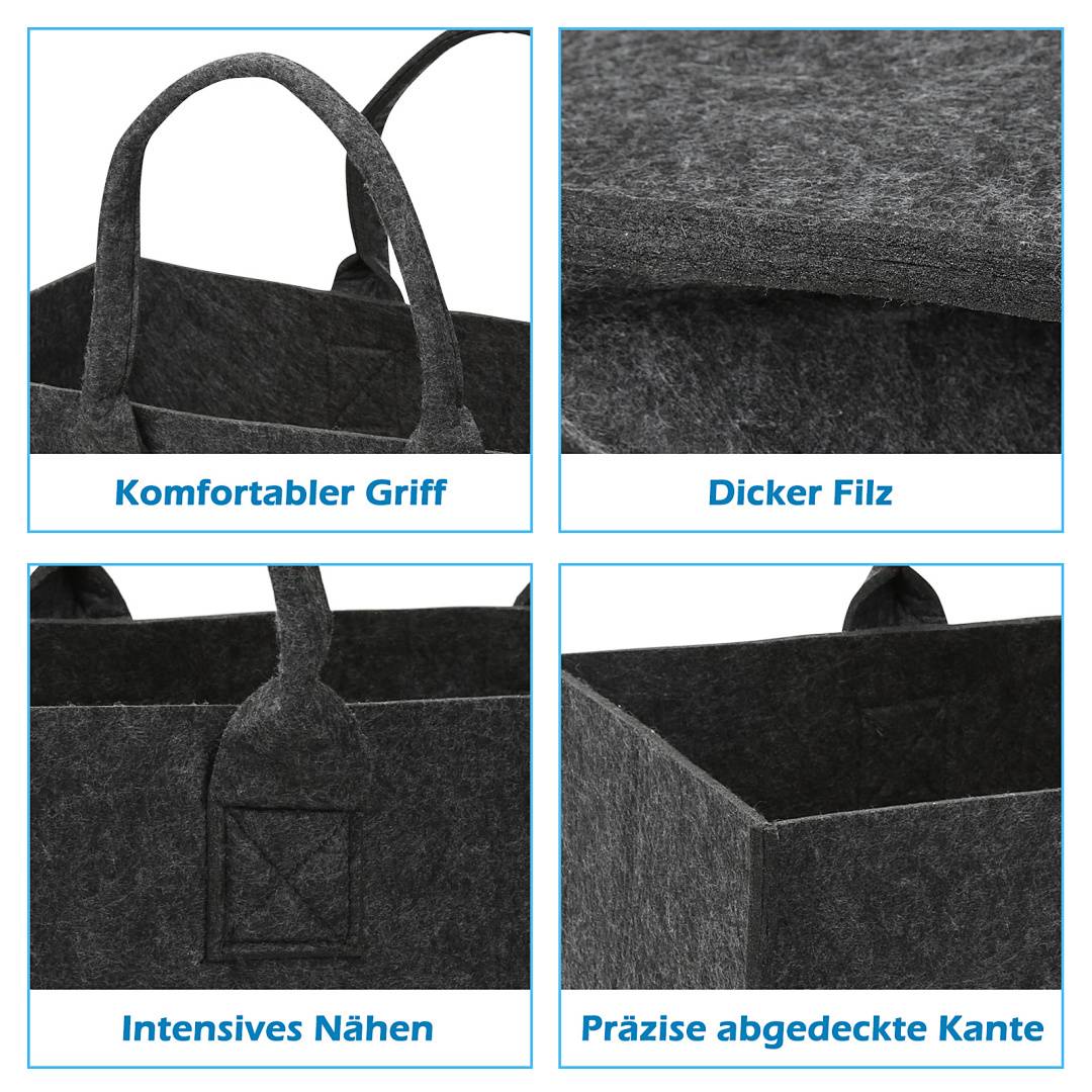 Vierteiliges Produktdetail einer dunklen Filztragetasche mit Fokus auf bequeme Griffe, dickeres Filzmaterial, verstärkte Nähte und saubere Kanteneinfassung.
