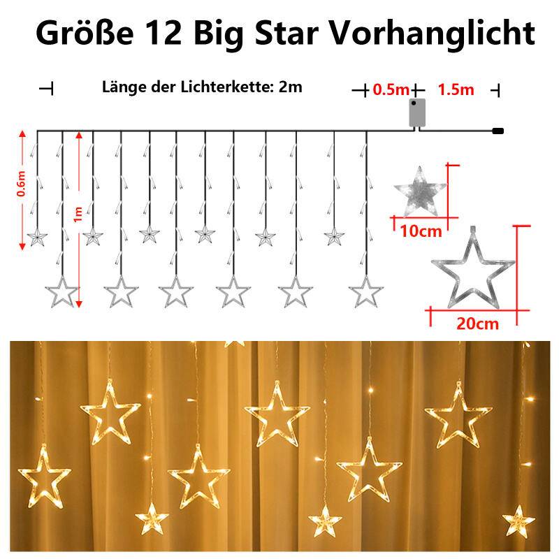 LED Lichterkette Sterne Lichtervorhang 12 Sterne Lichterkette 8 Beleuchtungsmodi Innen Party Fenster Garten Hochzeit Weihnachten Deko, Warmweiß