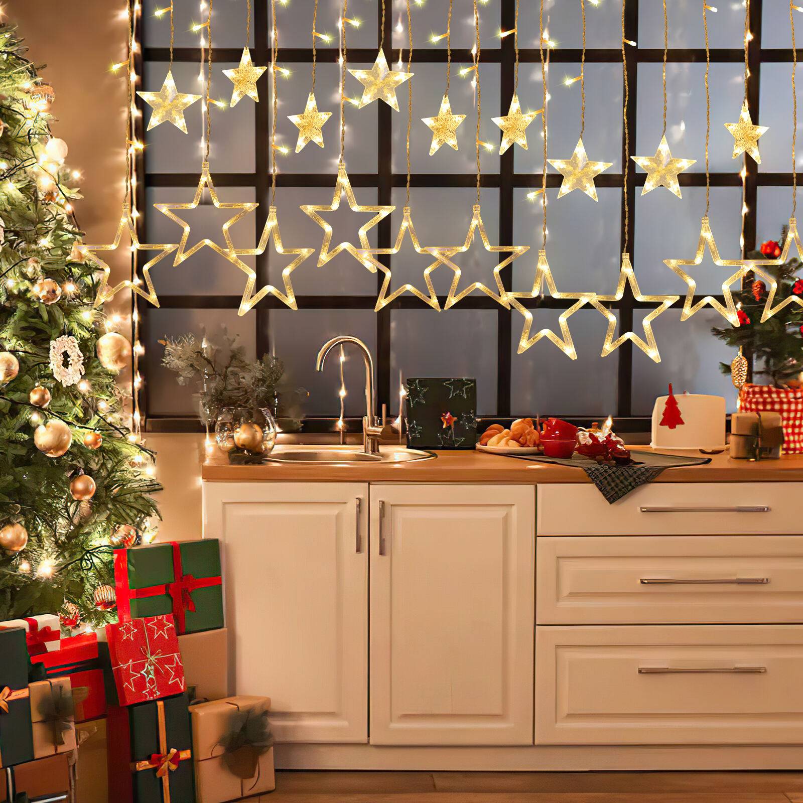 LED Lichterkette Sterne Lichtervorhang 12 Sterne Lichterkette 8 Beleuchtungsmodi Innen Party Fenster Garten Hochzeit Weihnachten Deko, Warmweiß