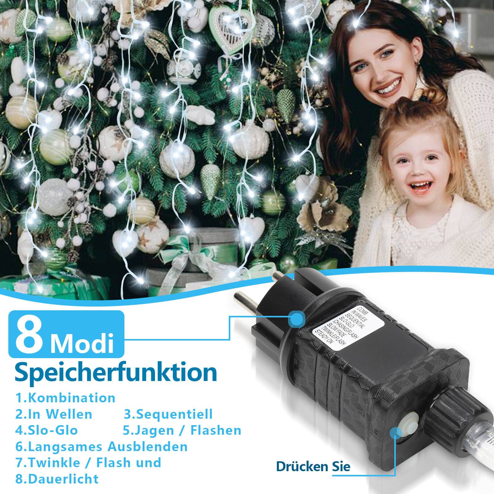 5M LED Eisregen Lichterkette Außen Innen Lichtervorhang 200 LEDs Eiszapfen Weihnachtsbeleuchtung 8 Modi Weihnachtsdeko Party Garten Kaltweiß